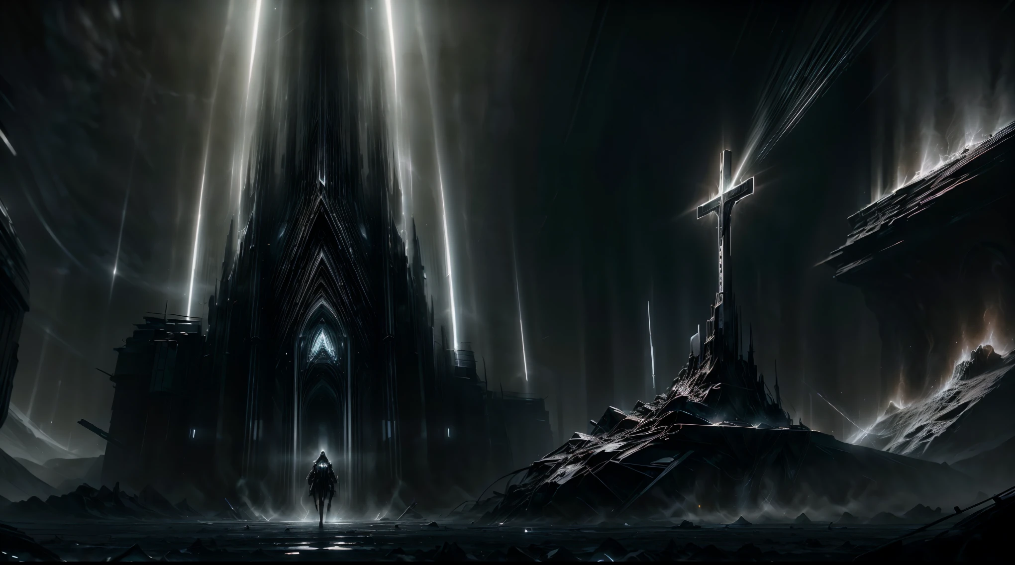 an image with a point of white light emanating voice waves in a cross against a dark empty background, abstract, fractal, (masterpiece, top quality, best quality, dark, desolate, dystopian:1.2),