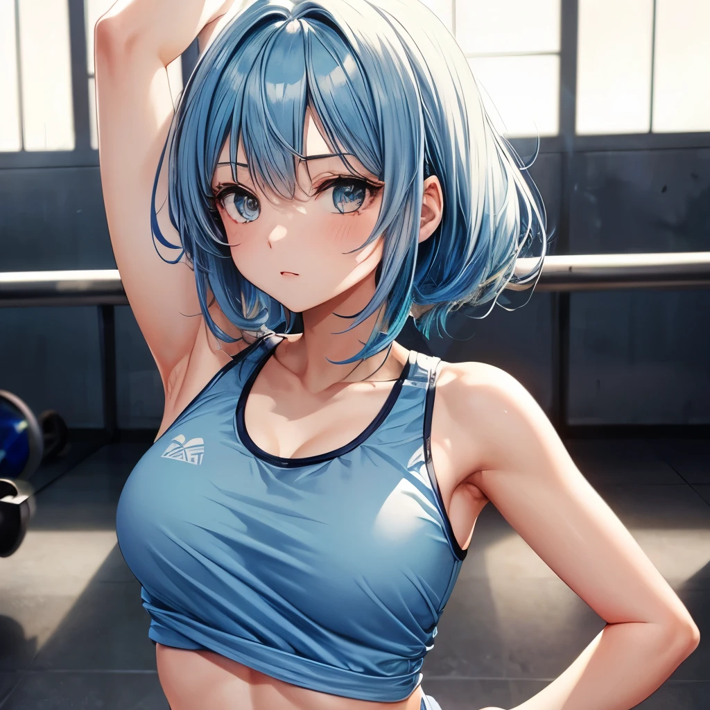 1girl, bluenette hair, light blue hair, gym clothes, stretching