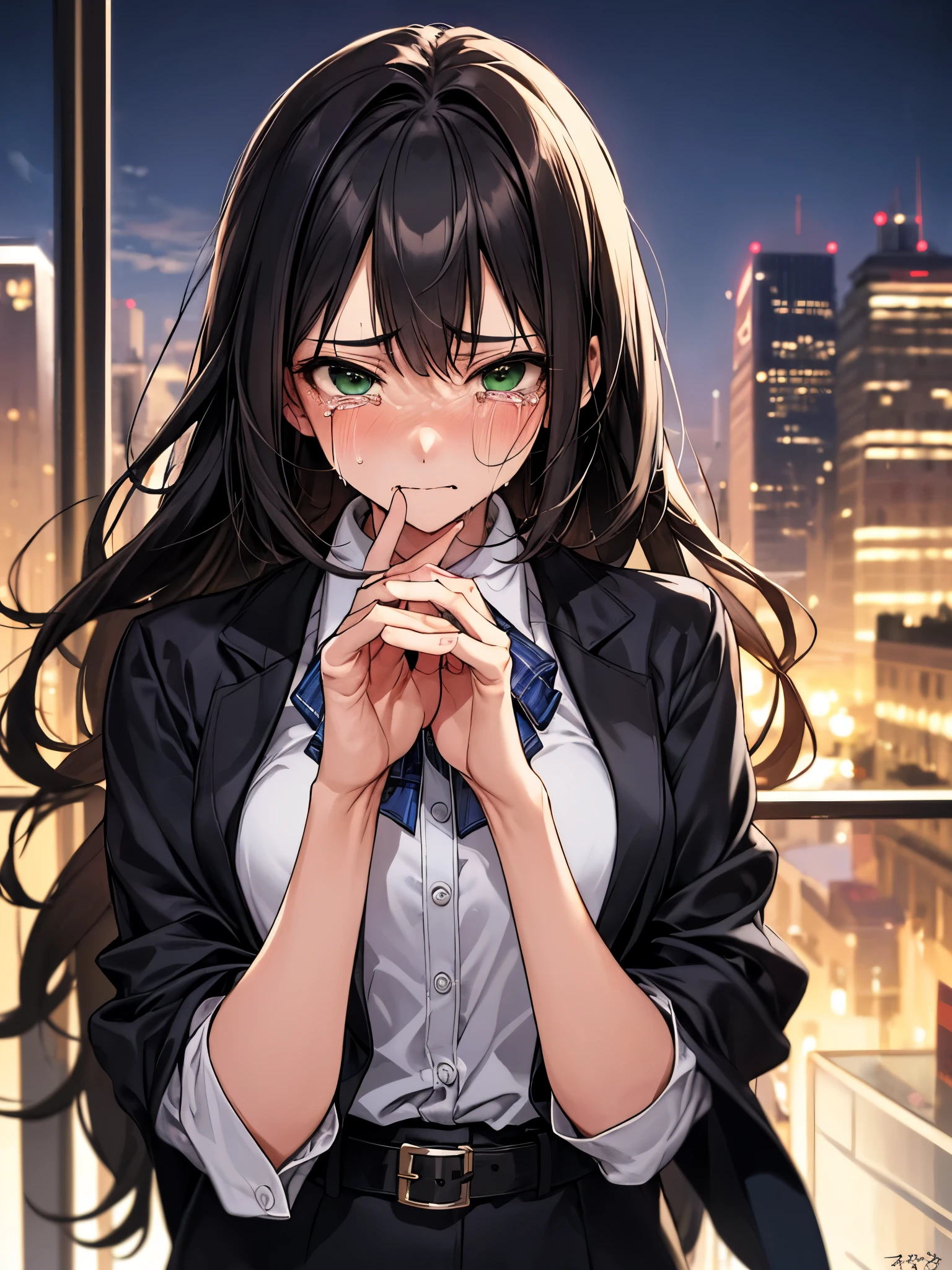 masterpiece, highest quality女の子1名, mature woman, green eyes、blue blazer, Formal shirts, belt, bow, highest quality, hire, detailed face,cityscape at night, detailed background, Depth of written boundary, Bokeh,black long hair、walk together,groan of pain、Feel pain、tears flow、it hurts、cry in pain、I&#39;m scared and crying、covered in tears to relieve the pain、groan of pain、