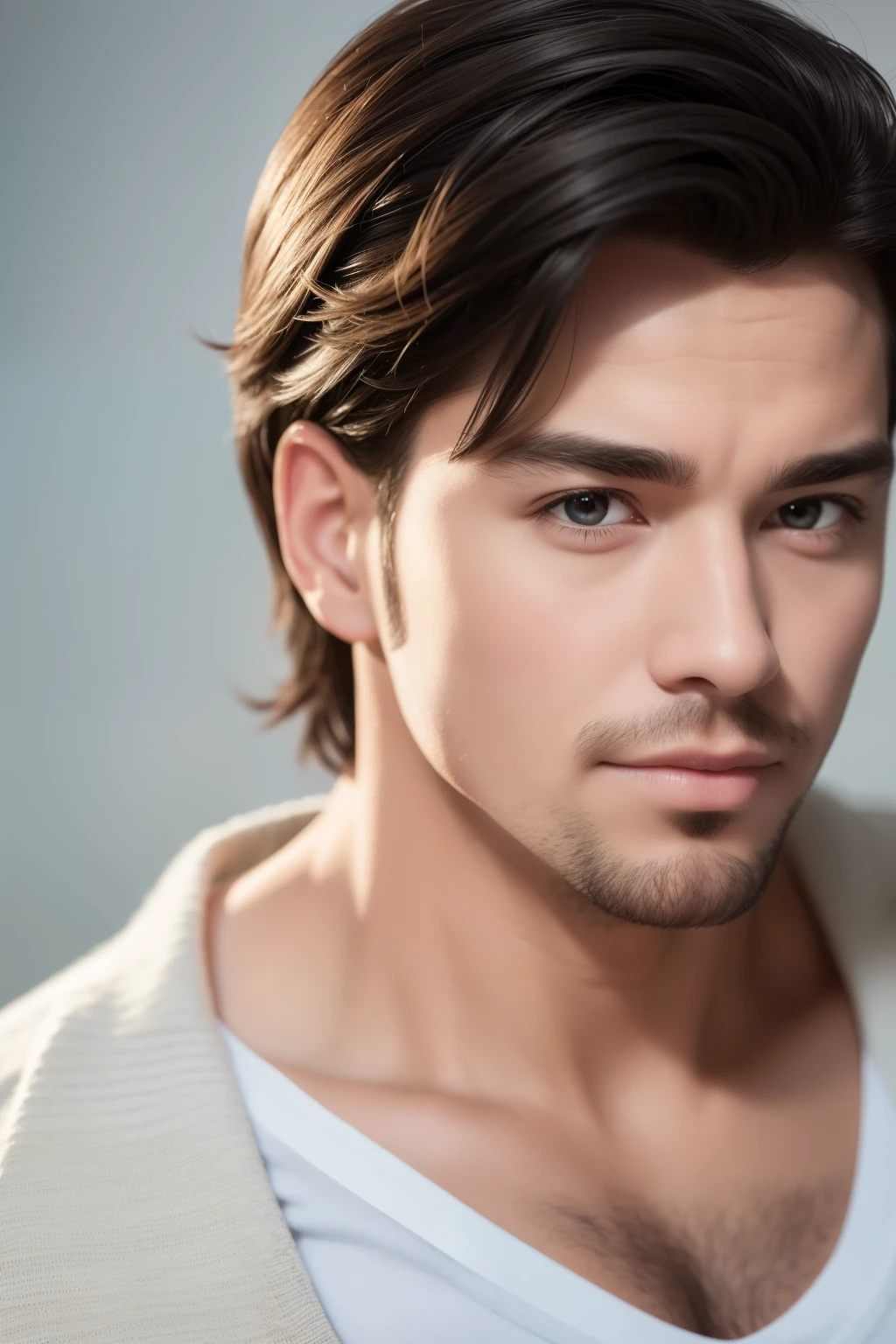 I need a high-quality, masterpiece boy portrait photo --s2.
A man wearing a white shirt and blue jeans. His hair is black and barely reaches the shoulders. He has a lean physique with minimal muscles showing.
(perfect masculinity), (ultra high definition), (photorealistic:1.4), (best quality:1.4),
Monochrome background for added focus,
Capture his genuine smile and spark in his eyes,
Realistic and true-to-life representation,
Skip the accessories and let his natural charisma shine through.