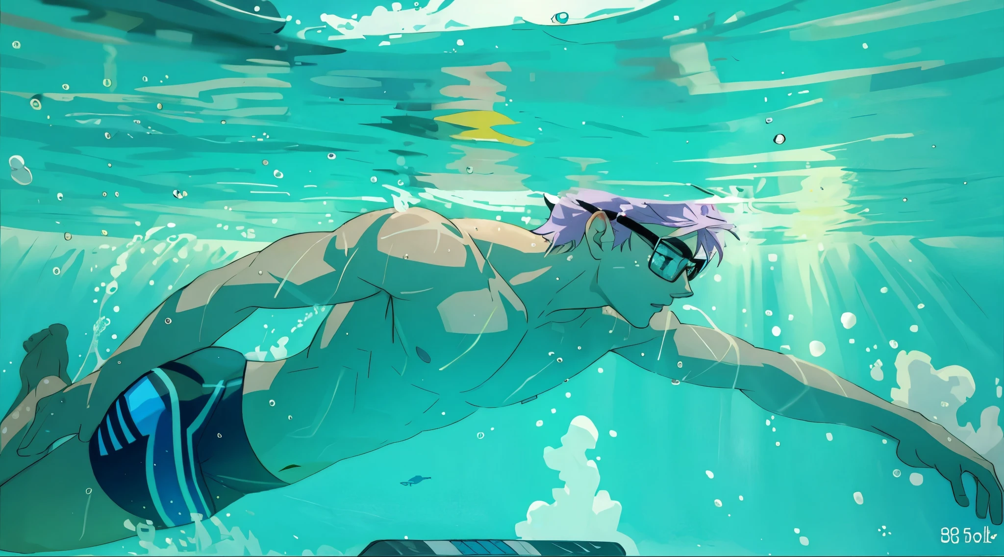 young 15 year old man with violet hair is swimming underwater