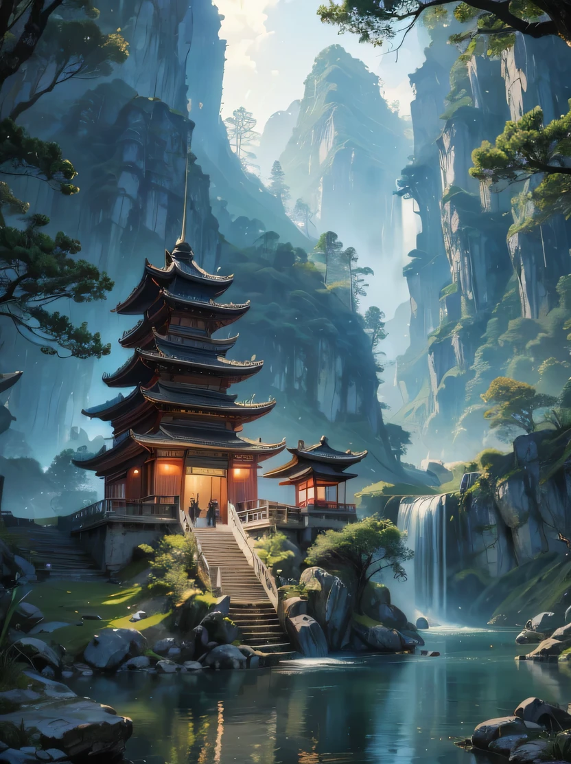 ((masterpiece、highest quality、genuine、Super detailed、High resolution、photogenuineistic、sharp focus、genuineistic photo、Live shooting、cinematic lighting))、high contrast、low brightness、ancient China、Chinese-style temple、spring、dense forest、lake、cave、waterfall、wood、grassland、rock、deer、暖かいspring、water vapor、great composition、genuineな照明、isometric