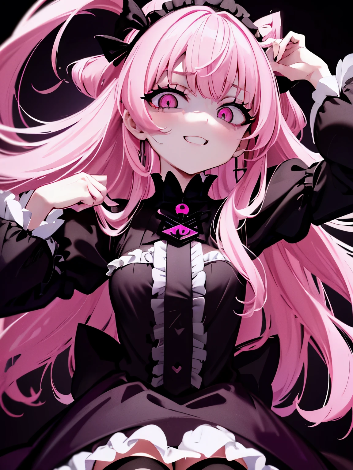 　high resolution　最high resolution　masterpiece　1 person　girl　posing　cute　smile　pink hair　Gothic ****ta　long hair　black dress　young　gray eyes　Angle looking up from below　pink and black image colors　wide angle　darkness　dark　Big sickle　dark　evil