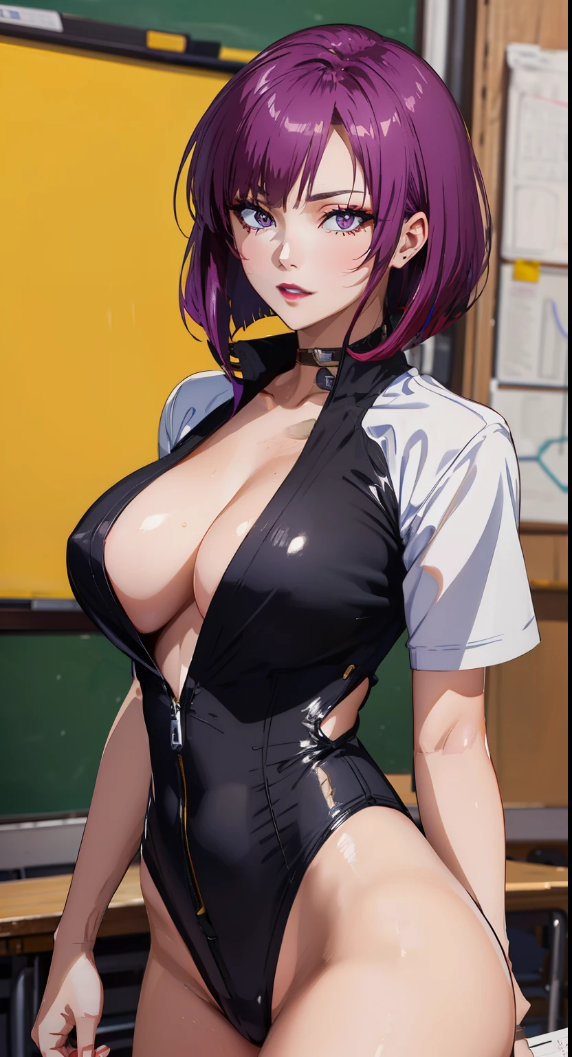 purple eyes, (highest quality, masterpiece painting:1.3), Oboro, mature woman, 26 years old, (half body shot:1.3), , school uniform, (fascinating look:1.5), purple hair, short hair, layered bob hair, (big breasts:1.2), (tight waist:1.1), cleavage, perfect body, (athlete body:1.1), soft skin, anime face, perfect face, (perfect eyes:1.3), shining eyes, purple iris, anime eyes, smoky eyeliner, eye shadow, Asian, looking at the viewer, smart, whiteboard background, classroom, sharp focus, intricate details, professional artwork, (Bright colors:1.1), Bright colors, diffused lighting, digital blending, Super detailed body, ultra detail hair, super detailed face, It&#39;s trending on pixiv, top button opened, shy girl, Cute gaze, compensate, purple lipstick, perfect lips, perfect compensate, Super precise painting,