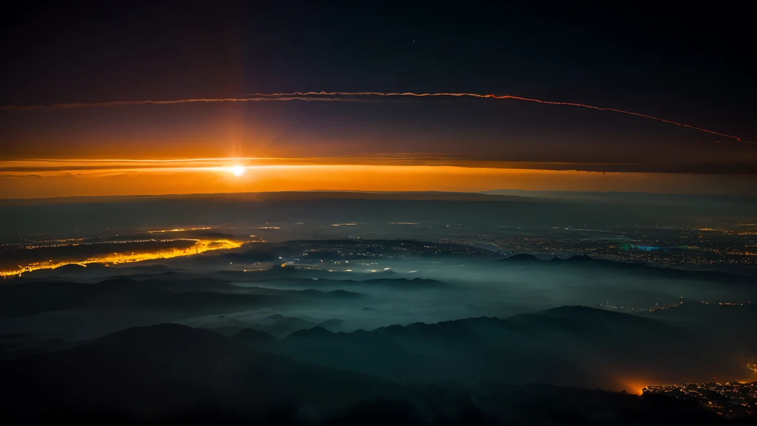 in dominate dark red colour, mesosphere, horizon, a view of the sun setting over the horizon dawn atmosphere, space photography, space atmosphere, radiant atmosphere, atmosphere, sunrise atmospheric phenomena, sunset atmosphere, lynchian atmosphere, omnious atmosphere, nat geo, noctilucent, orange and blue sky, colous brillance, hdr, purple, dark blue, orange, chromatic aberration, 4k, retina