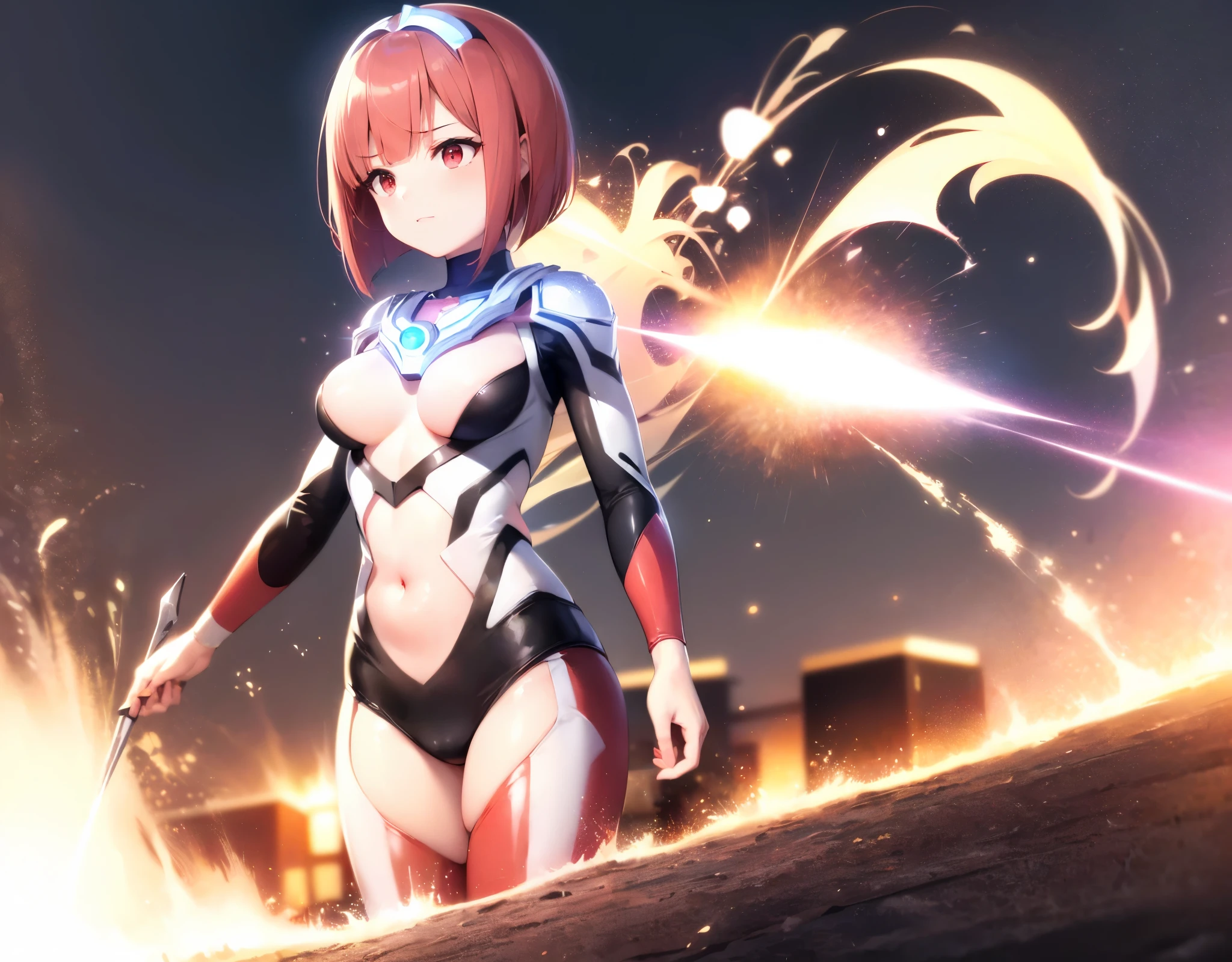 highest quality, ultra detail, High quality CG drawing, The most delicate and beautiful, Floating gently, High resolution, (1 girl), (Highest image quality,4K,8K,masterpiece:1.2),(all red hair:1.5),(short bob:1.5),(red eyes:1.5), (Ultra Girl :1.0), (silver and red ultraman bodysuit:1.4),slightly bigger breasts