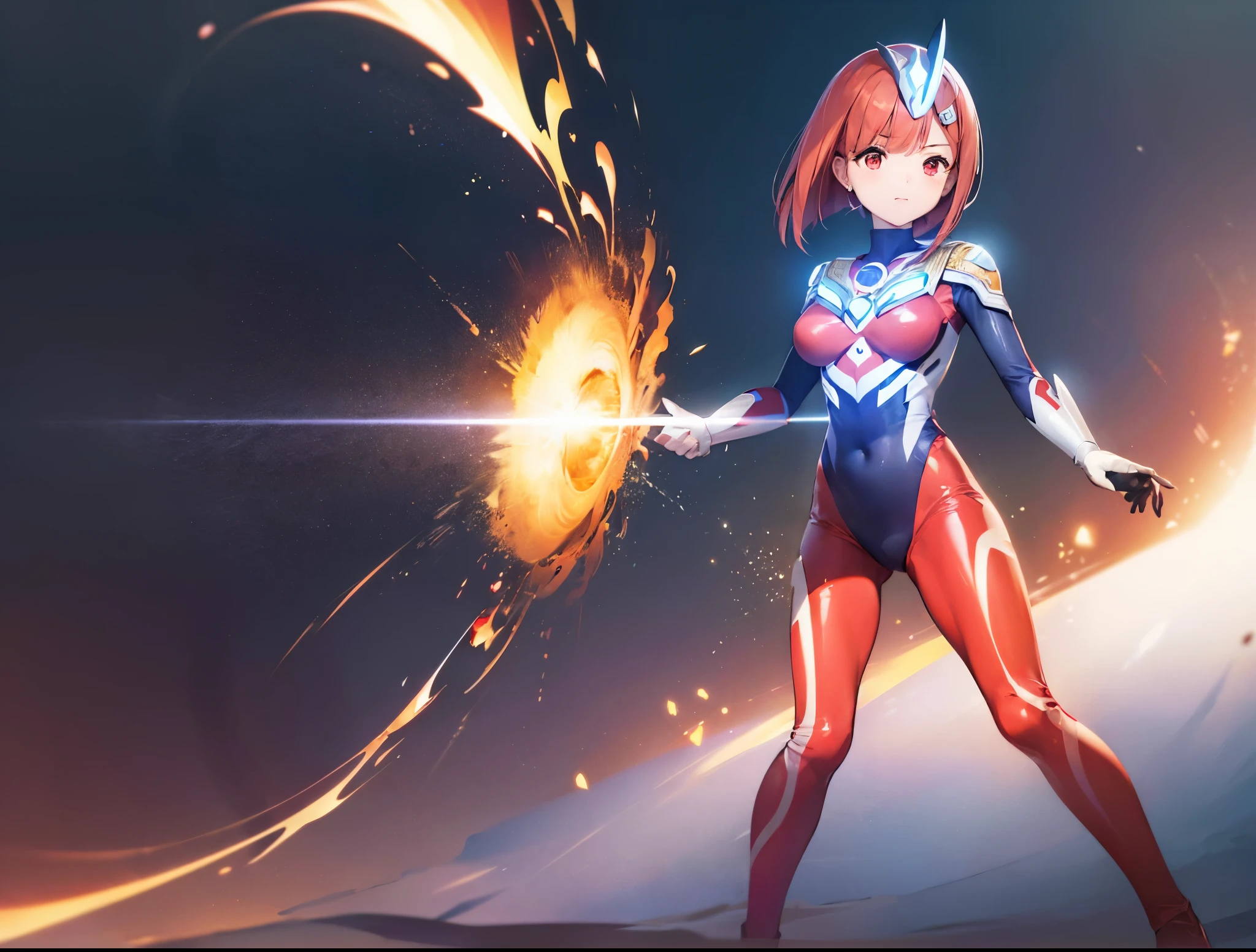 highest quality, ultra detail, High quality CG drawing, The most delicate and beautiful, Floating gently, High resolution, (1 girl), (Highest image quality,4K,8K,masterpiece:1.2),(bright red hair:1.5),(short bob:1.5),(red eyes:1.5), (Ultra Girl :1.0), (silver and red ultraman bodysuit:1.4),slightly bigger breasts