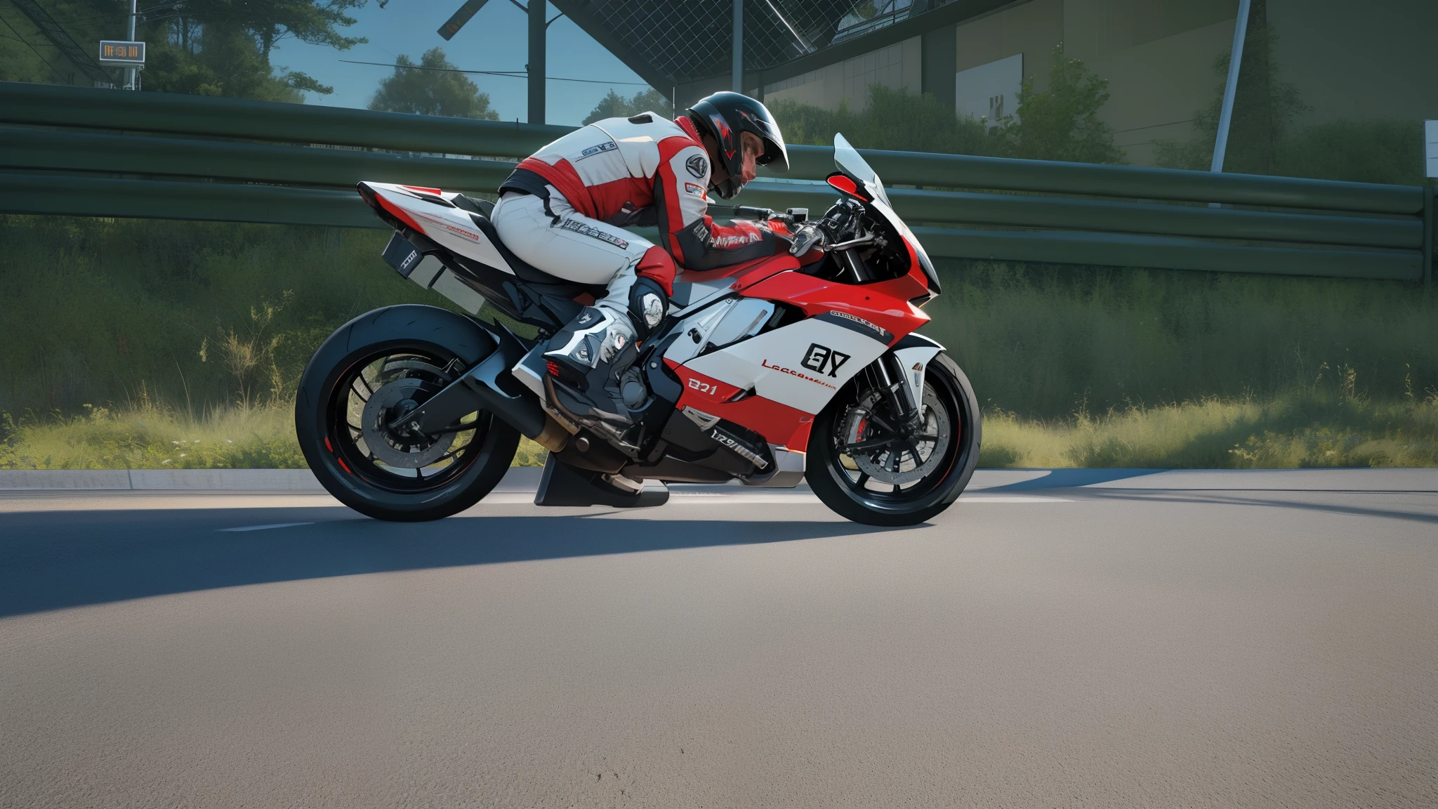 There is a man riding a motorcycle on the track, [ 4K realism ], Realistic screenshots, Realistic graphics, 超Realistic graphics, photorealistic details content, 8K Octane Comprehensive Rendering, Photorealistic lighting, [ 4K realism ]!!, real engine render, Loop rendering, [ 4K realism ]!!!, Surreal&quot;