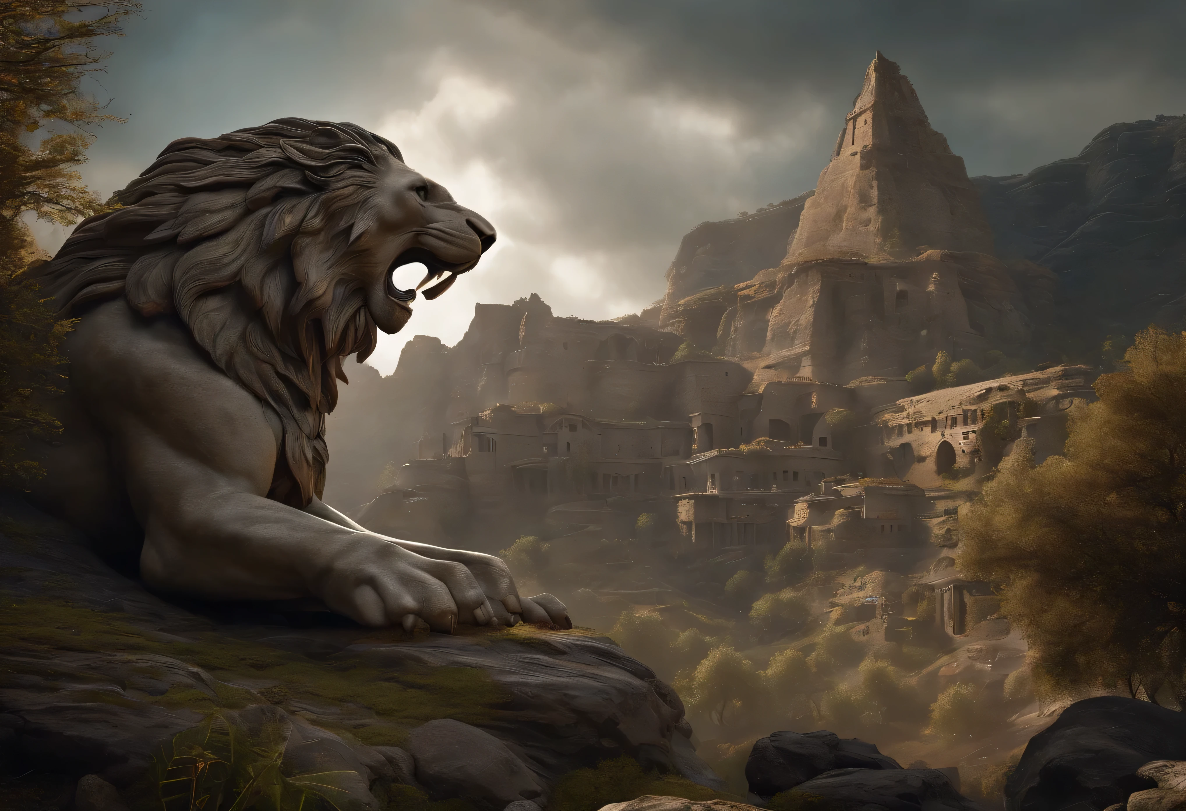 (best quality,4k,8K,high resolution,chef-d'artwork:1.2), Ultra-detailed, (Realistic,photoRealistic,photo-Realistic:1.37), temple souterrain, Drake de pierre et Golem lion , gemmes, detailed textures, imposing creature, monstrueux, la civilisation ancienne, Mystique, RPG, vignes, panoramic view of the valley, Hidden secrets, (camaraderie)