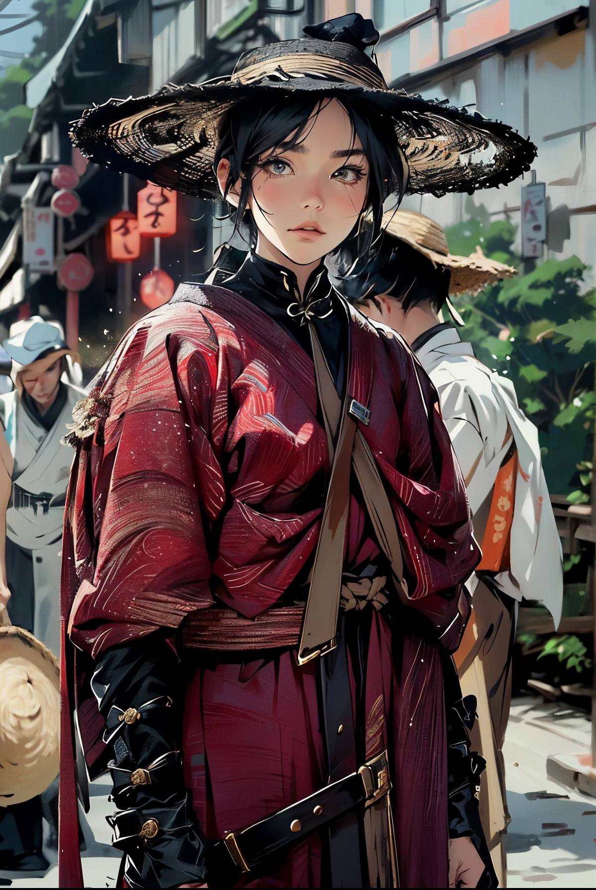 4k.
生成的 prompt 如下:
"man:1.5,1 woman,archer woman,(((woman))),((woman with blonde short hair)),((messy hair,cool haircut,dane ,japanese scenery ,epic , incredible lighting artwork ,straw hat ,Guweiz artstyle,Wlop artstyle ,samurai
