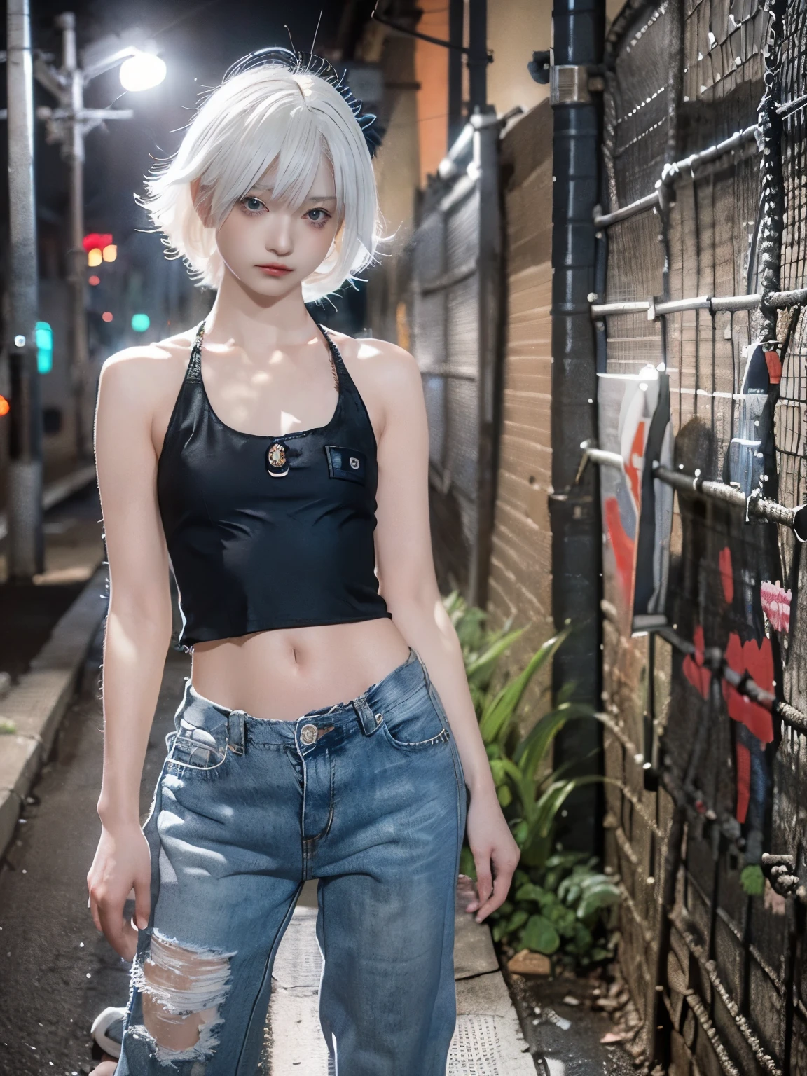 raw photo, 8k, (top-quality), Realistic, (real picture, Intricate details), (natural skin texture, detailed skin, hyper realism, sharpness), (Japanese teenage girl standing in a dirty back alley at night, graffitied wall:1.3, hands in pocket), ((white tight tank top, Distressed denim pants, low rise baggy pants)), (((flat chest:1.5))) , (pale skin), ((white hair, shorthair, short bangs)), (seductive face, Parted lips:1.3), thigh, graffiti:1.5, trash can, night time, spot lighting:1.3, Full body shot