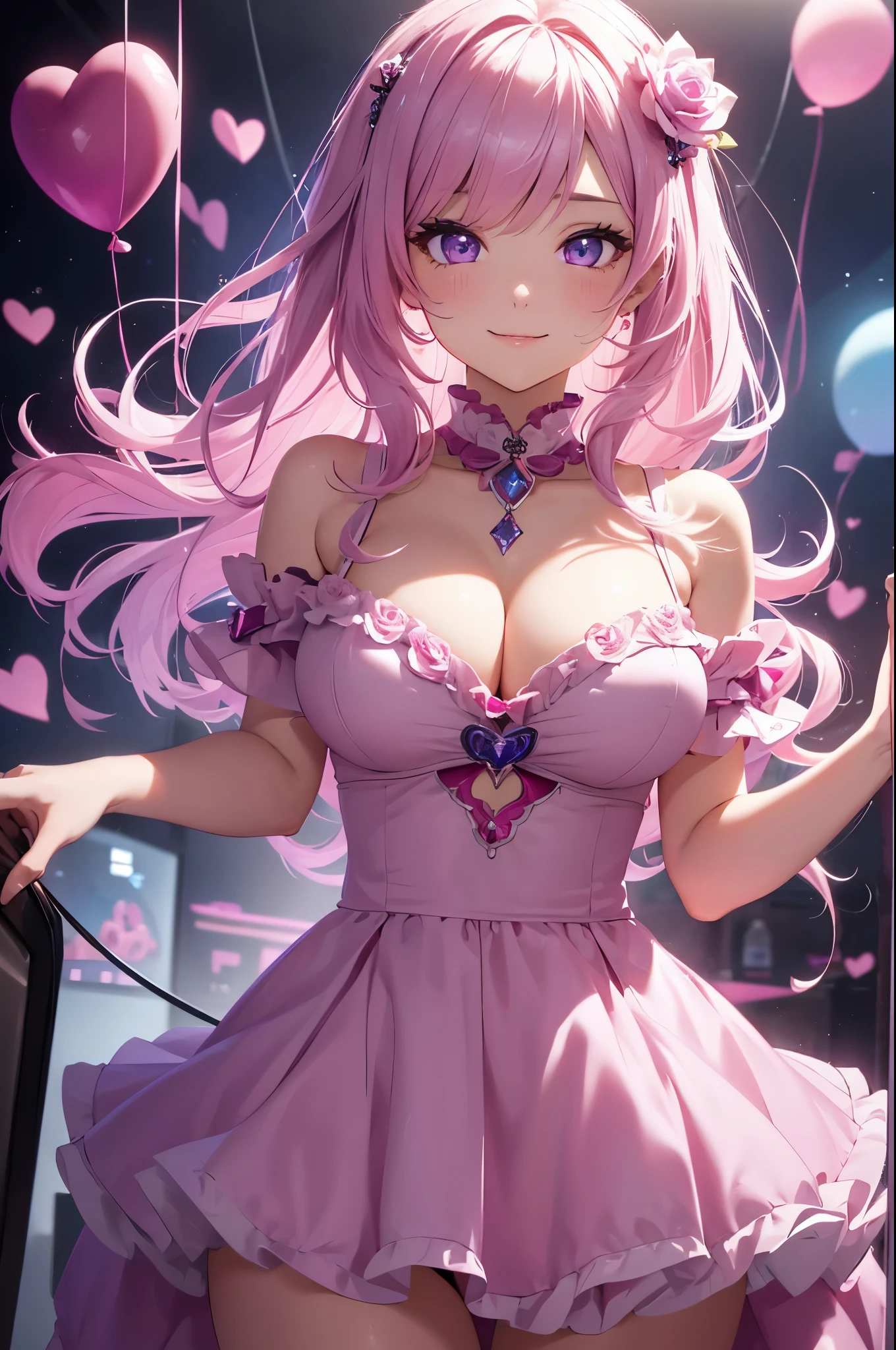 1girl (masterpiece, round_iris, extremely crisp crystalline shiny purple eyes, perfect_anatomy, extremely_captivating_hypnotic_mystic_eyes,) perfect face, long pastel pink hair, smiling evil, big breasts, pink dress with hearts, ballons, roses, hearts, valentines day, reds and pinks, dynamic pose, gamer girl, gaming room, best quality, 4k