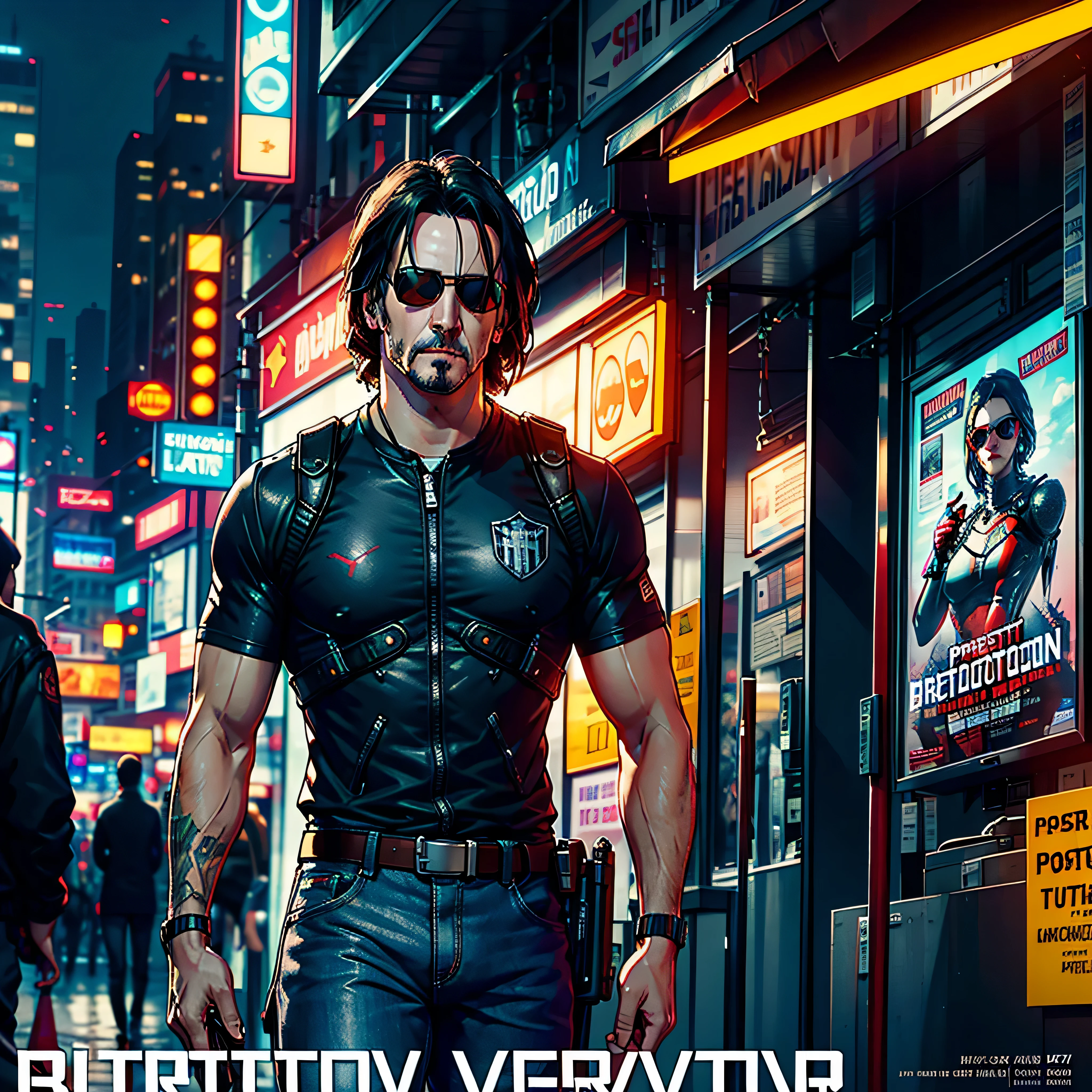 Keanu Reeves, (Poster: 1.6), Complex Detail, fine details, hyper-detailing, ray traced, Subsurface dispersion, Diffused soft lighting, Shallow depth of field, by Oliver Wetter, an intricate, ultra high-detailed, ultra sharp-focus, tension, Photorealistic painting (by Greg Rutkowsky:1.4), bokeh, The left arm of the robot is made of silver, T-shirt bulletproof vest on a naked body, purple jeans, Black Boots, cyberpunk 2077, Red Aviator Glasses, Silver prosthetic arm, in full height, Sateen, hairstyle, shoulder-length hair, Tatoo, Johnny Silverhand, Holds an electric guitar, Open Stage, city of the future, A lot of spectators, Black skyscrapers, ulra high-resolution, ultra high-quality, uhd, hdr