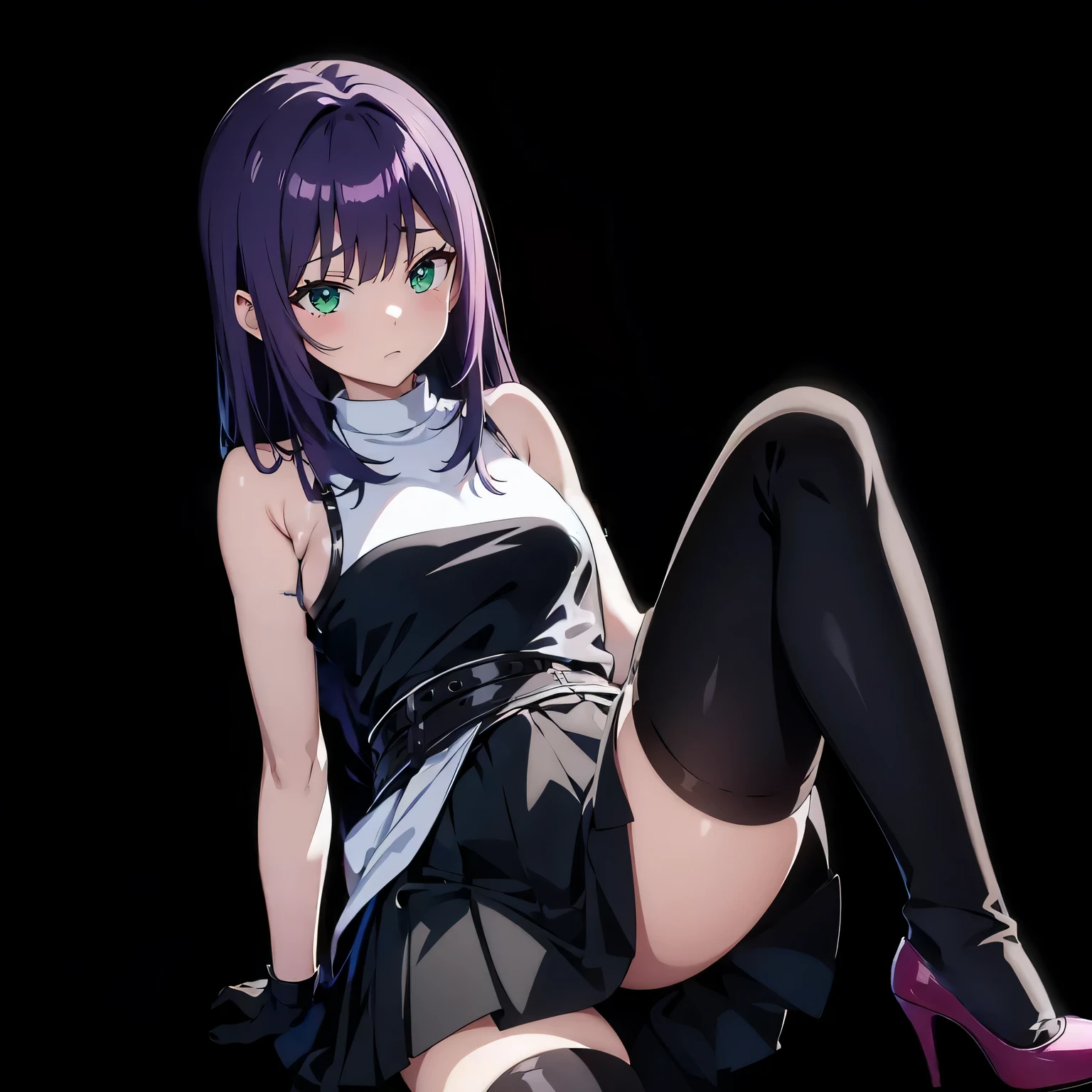 cute anime girl, long purple hair to shoulder, beautiful green eyes, black skirt, black gloves, black over-knee socks, bright red high heel shoes, anime, best quality, masterpiece, highres, anatomically correct, bare neck, pure white top