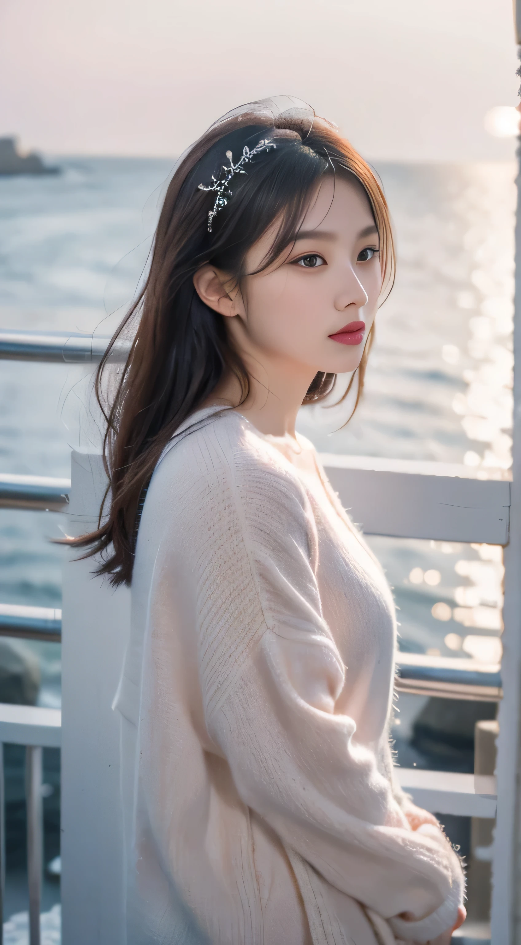 pink,Romantic,asian women,soft,8k,Extremely high quality RAW photos,original photo, actual, masterpiece, extremely delicate and beautiful, Very detailed,outdoor,winter,seaside