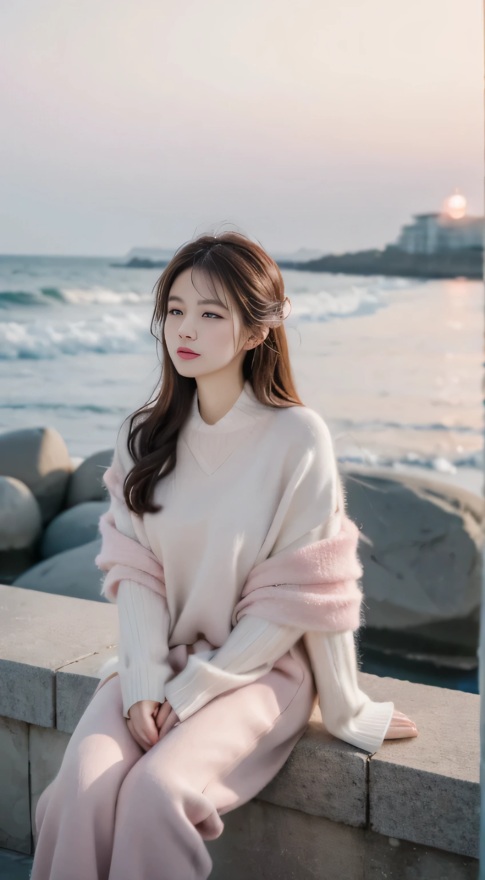 pink，Romantic，asian women，soft，8k，Extremely high quality RAW photos,original photo, actual, masterpiece, extremely delicate and beautiful, Very detailed,outdoor，winter，seaside