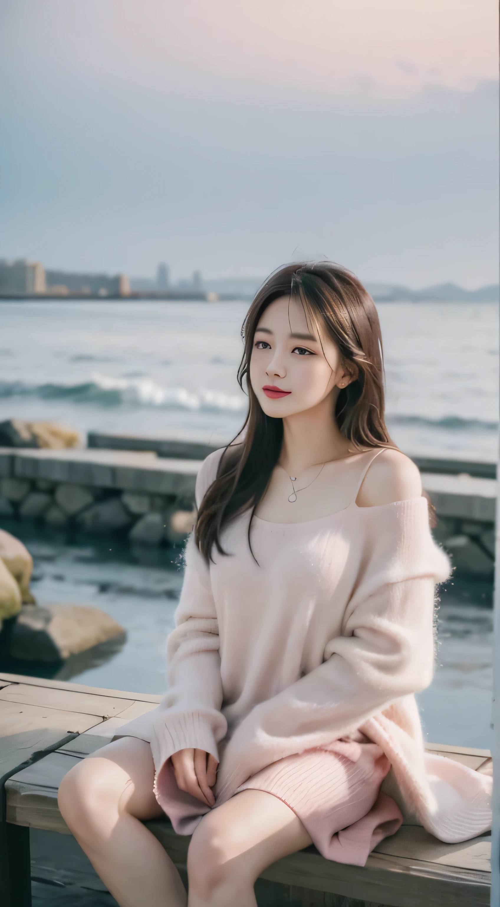 pink,Romantic,asian women,soft,8k,Extremely high quality RAW photos,original photo, actual, masterpiece, extremely delicate and beautiful, Very detailed,outdoor,winter,seaside
