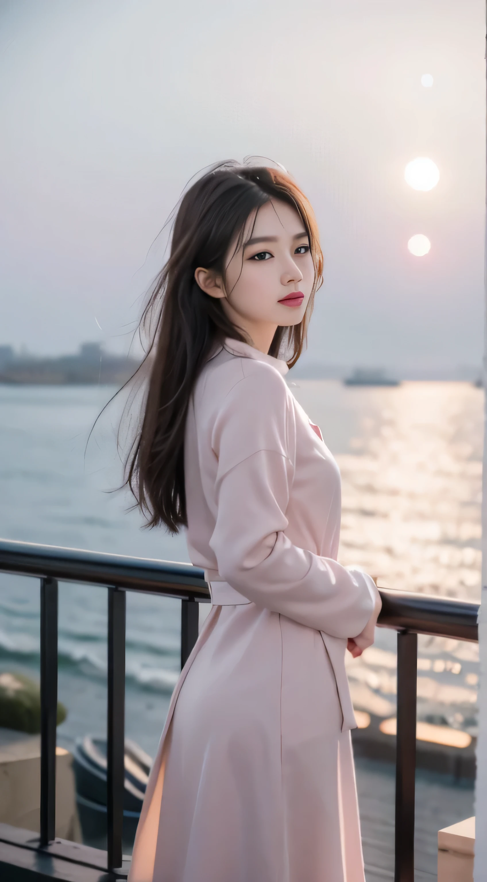 pink,Romantic,asian women,soft,8k,Extremely high quality RAW photos,original photo, actual, masterpiece, extremely delicate and beautiful, Very detailed,outdoor,winter,seaside