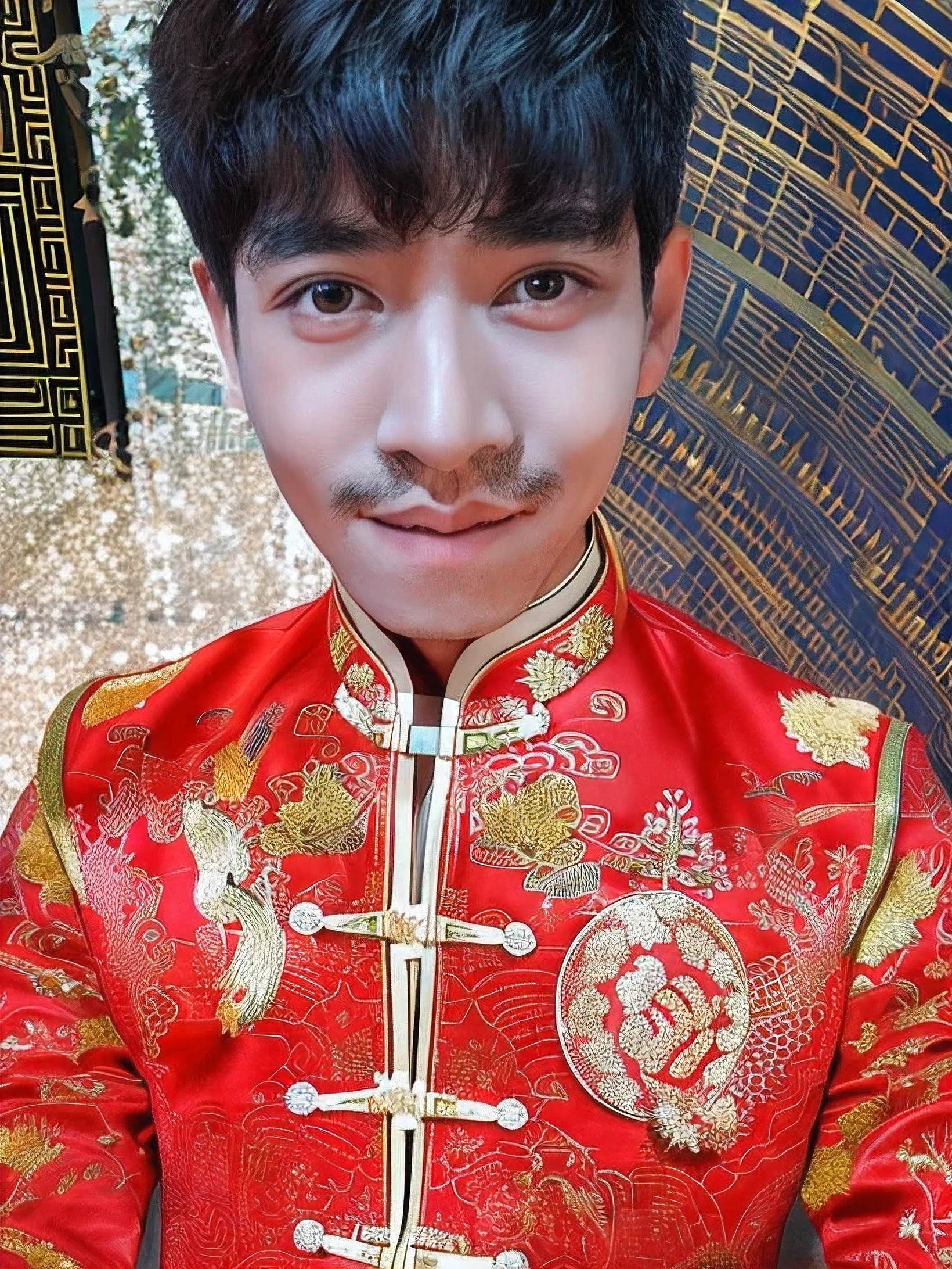 Young Asian man Arav wears a red jacket and gold tie., wearing a red Cheongsam, Chinese style, Chinese dress, wear red dress, With traditional Chinese clothes, Chai Sake, inspired by Chen Chi, Inspired by Bian Shoumin, lost, Inspiration from Wu Chunshifan, traditional chinese, Cheongsam, Ryan Jia, Pan Renwei