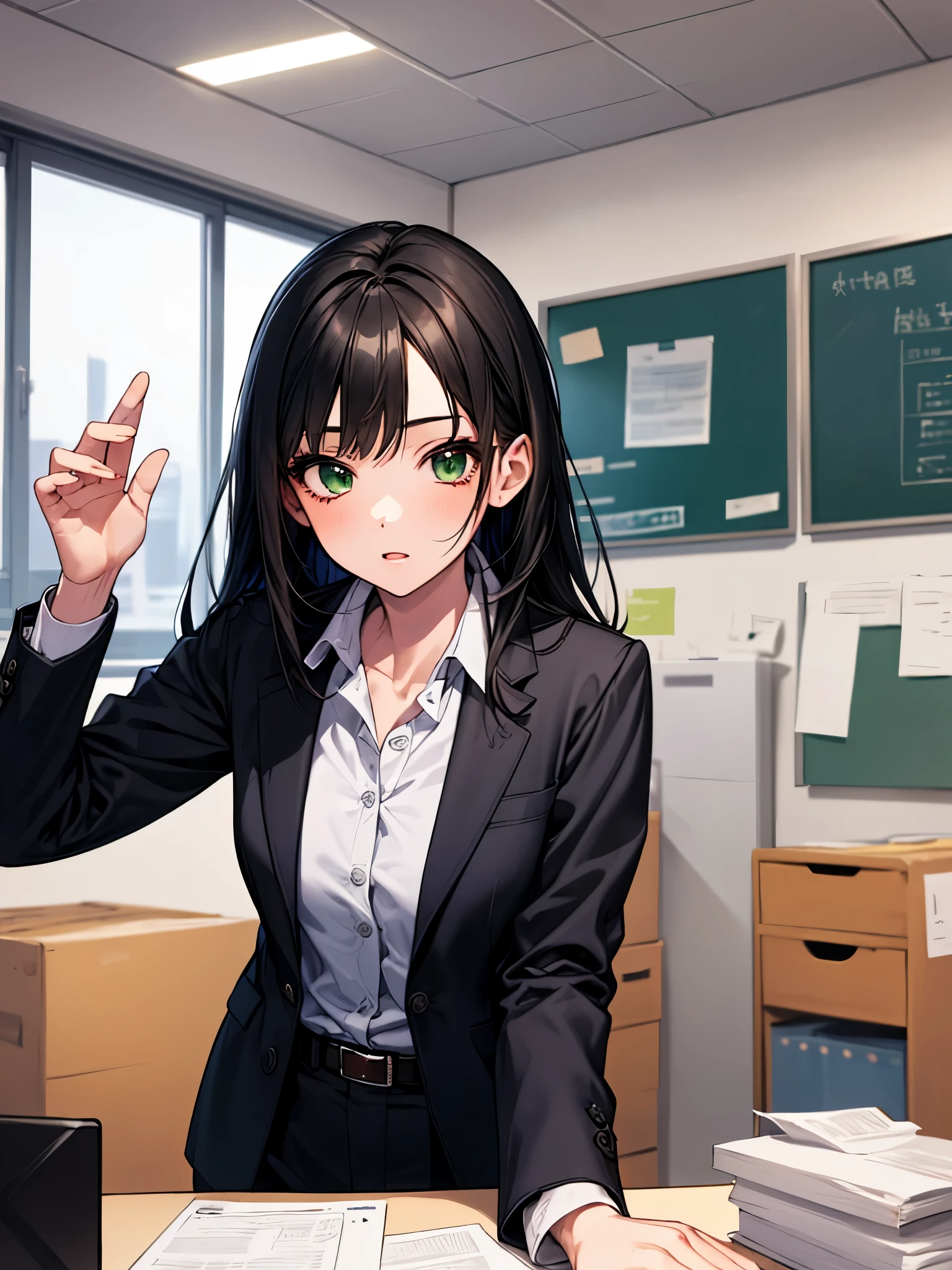 masterpiece, highest quality, 1 girl, green eyes、long black hair, blue blazer, Formal shirts, belt, inside the office