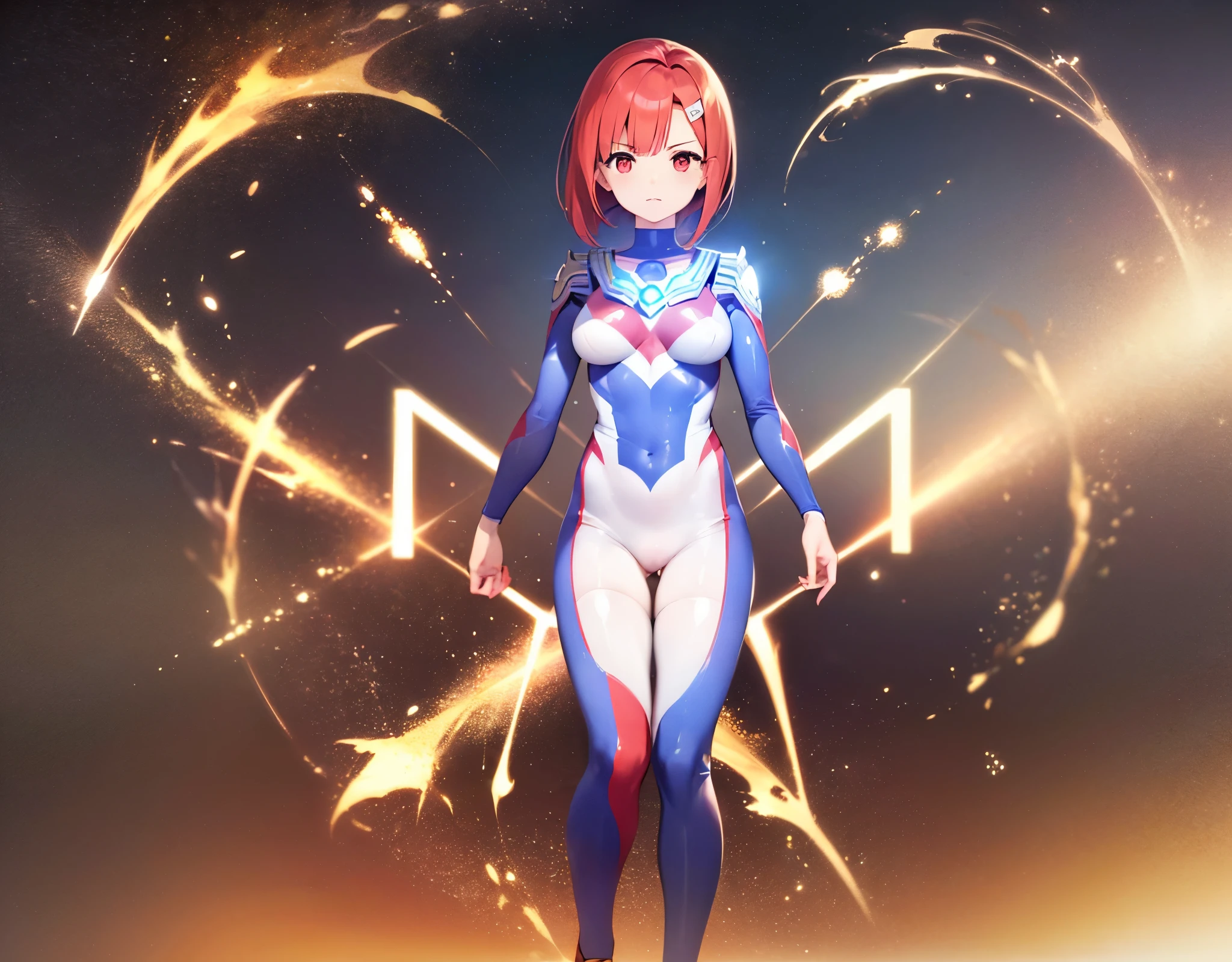 masterpiece, Best Quality, Ultra-high resolution illustrations, hight resolution, (1girl, Solo), Serious, concentrating, medium breasts, thick thighs, building, city, Skyscraper, Number of buildings in the background, (Red and Blue Ultraman Bodysuit:1.1), Blue jewelry on chest, Between buildings, (extremely detailed arms, hands, fingers), (((raised hand, straight arms))), full body, incoming attack, fighting style, full body,
