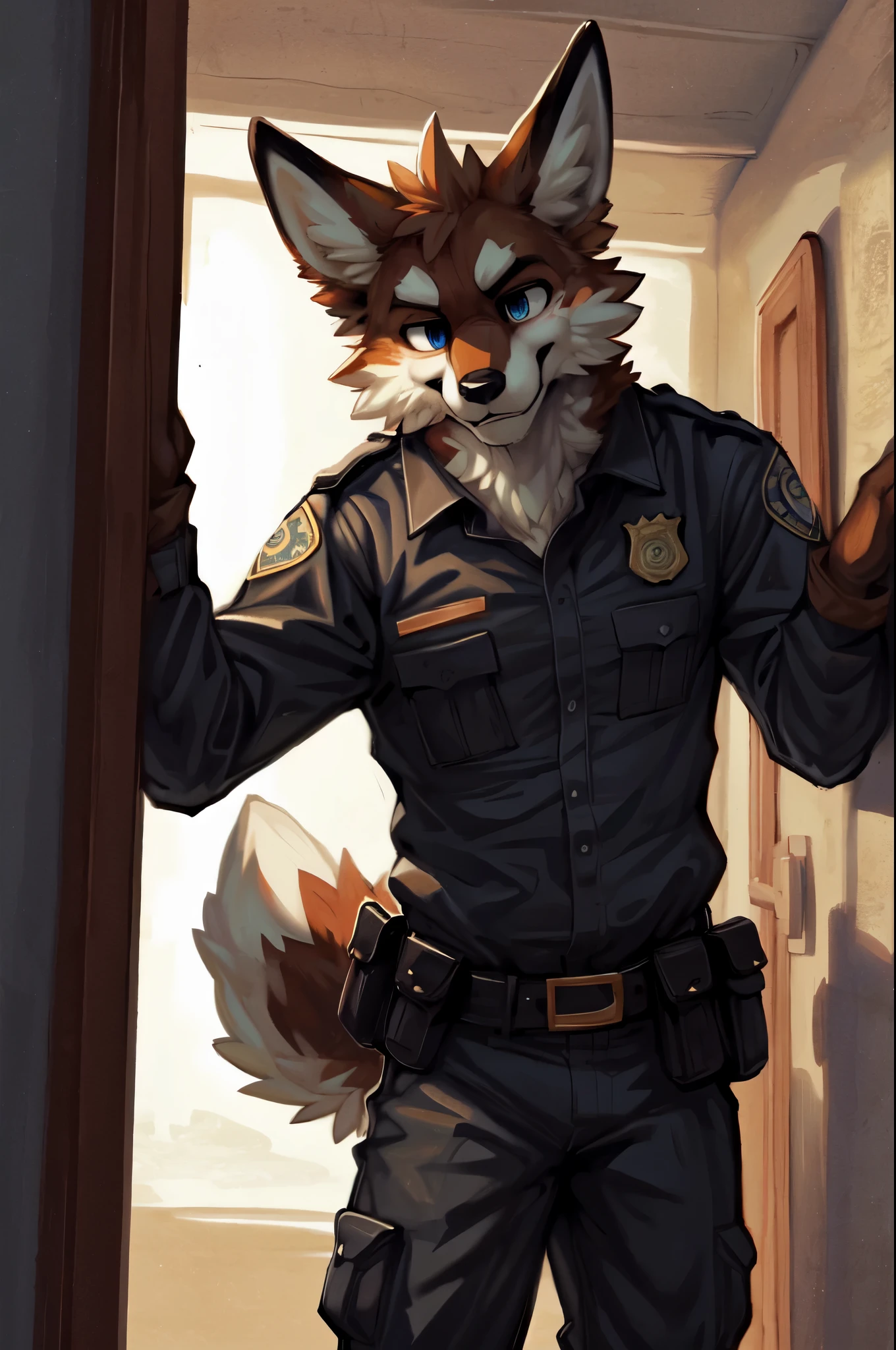 ((by Zackary911, by K0BIT0WANI, best quality, masterpiece, perfect anatomy, detailed picture)), Furry,fox,Male,neon blue eyes, Handsome face,Smiling,robust, police uniform,perfect anatomy,realistic anatomy,standing in front of the door, leaning on the door,Looking at viewer, standing straight, perfect lighting, bright lighting