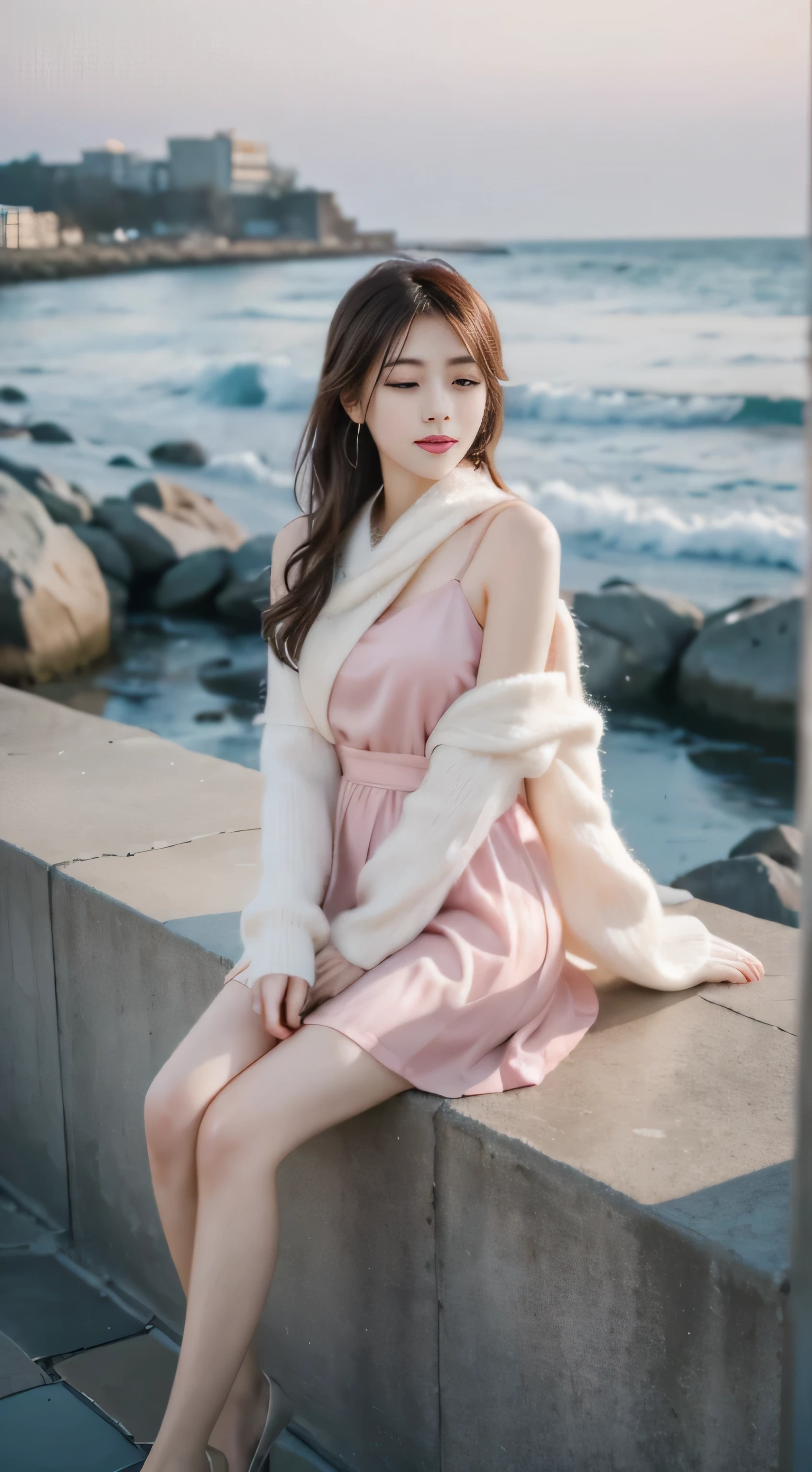 pink，Romantic，asian women，soft，8k，Extremely high quality RAW photos,original photo, actual, masterpiece, extremely delicate and beautiful, Very detailed,outdoor，winter，seaside