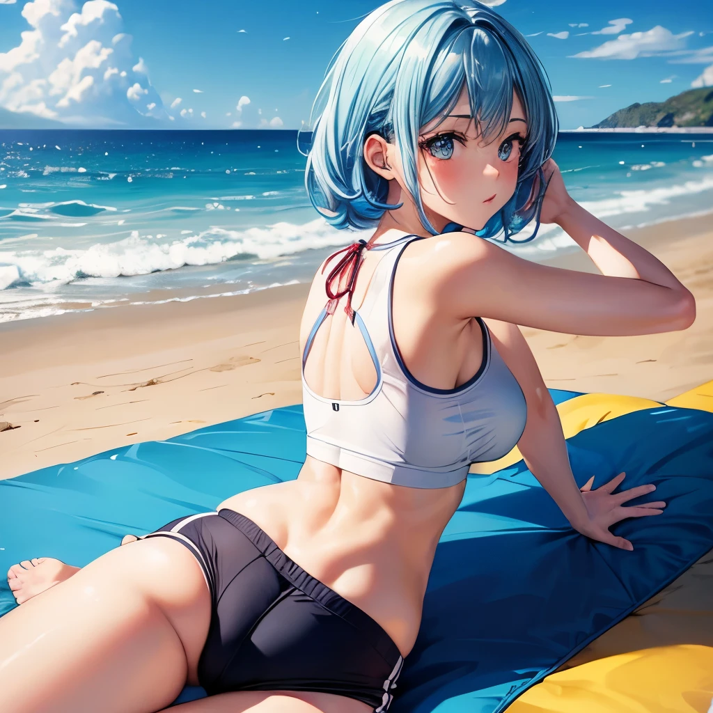 1girl, bluenette hair, light blue hair, gym clothes, yoga, beach 