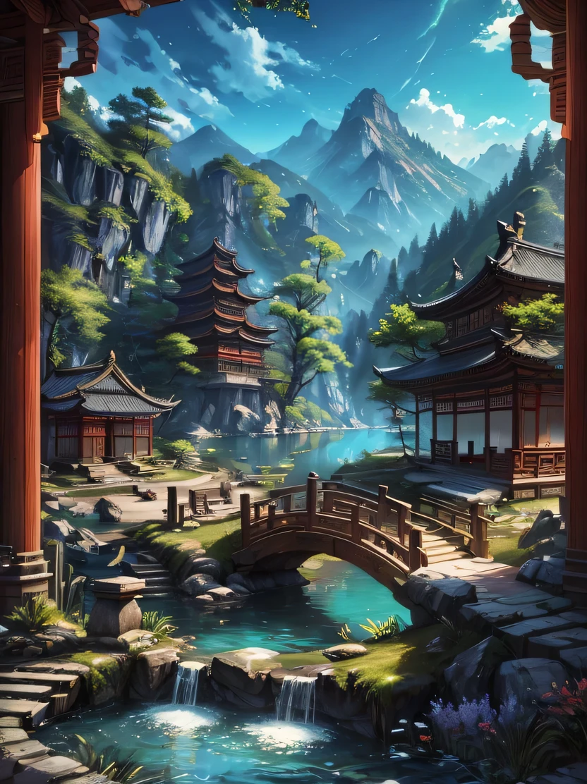 ((masterpiece、highest quality、genuine、Super detailed、High resolution、photogenuineistic、sharp focus、genuineistic photo、Live shooting、cinematic lighting))、high contrast、low brightness、ancient China、Chinese-style temple、spring、dense forest、lake、cave、waterfall、wood、grassland、rock、deer、暖かいspring、water vapor、great composition、genuineな照明、isometric