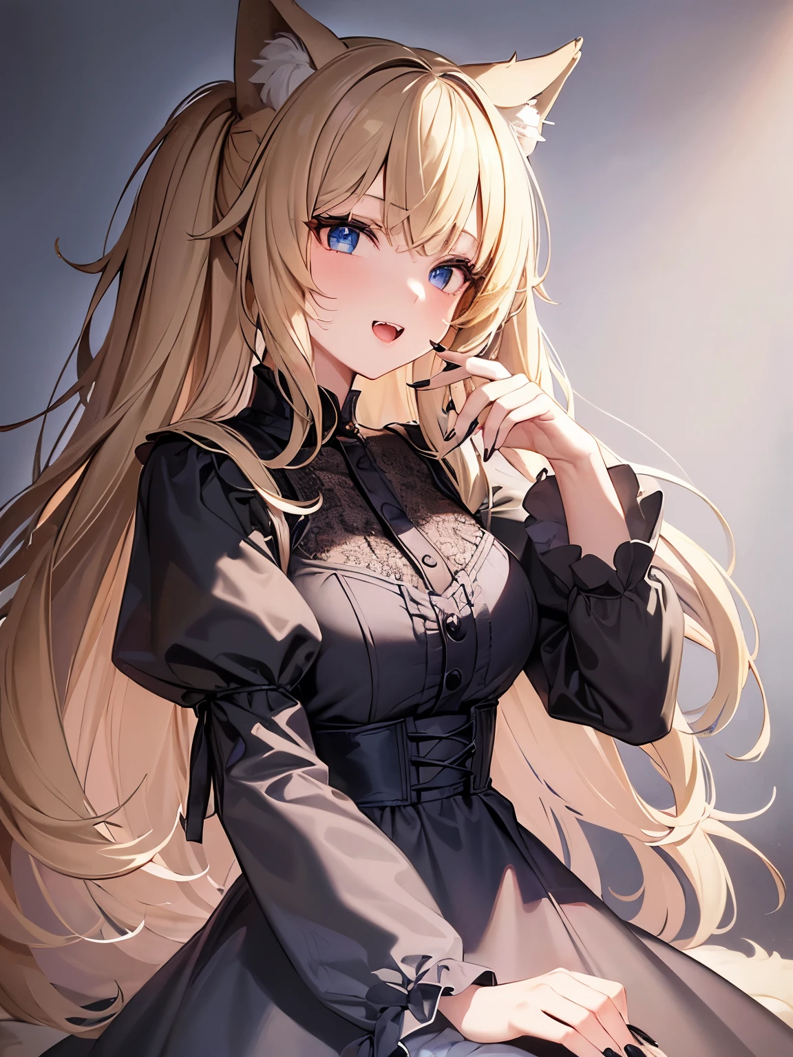 masterpiece, best quality, ultra-detailed, beautiful, 1girl, solo, wolf girl, wolf ears, wolf tail, blonde hair, long hair, fangs, blue eyes, vintage dress, sharp fingernails, black nails, (moe artstyle:1.2), (scribble lineart1.2), (messy lineart:1.2), (sketch:1.3),