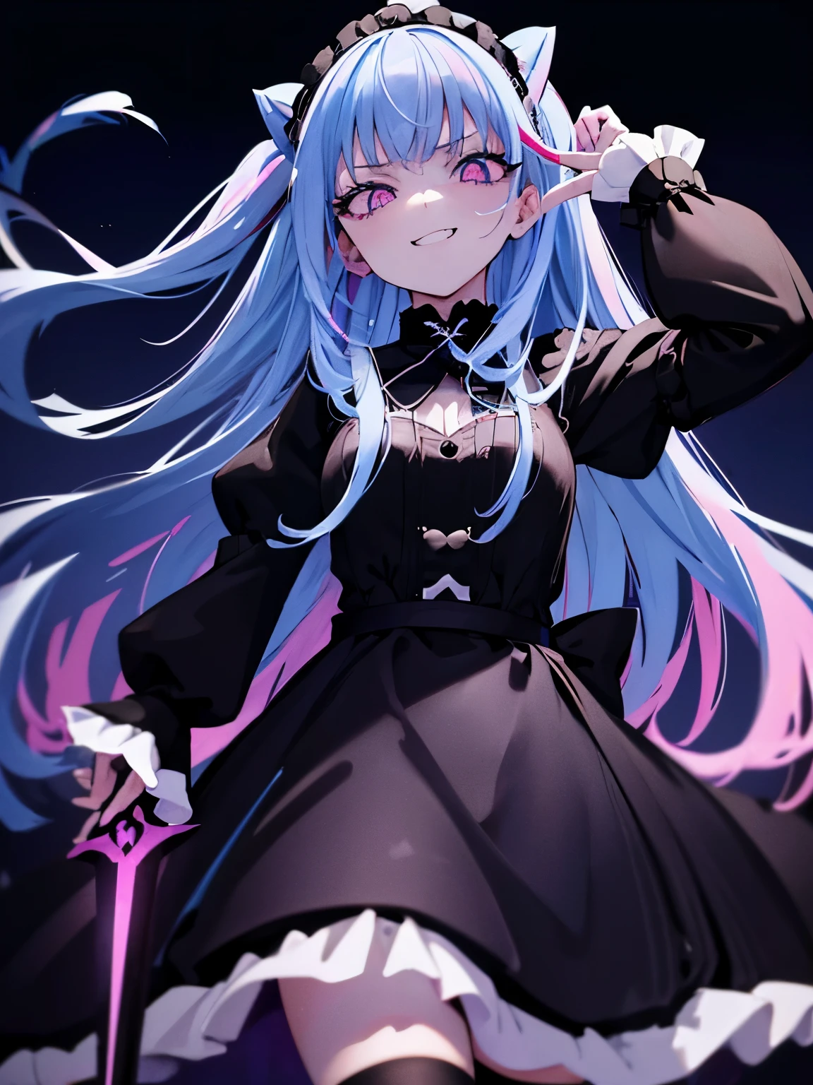 　high resolution　最high resolution　masterpiece　1 person　girl　posing　cute　smile　blue hair　Gothic ta　long hair　black dress　young　gray eyes　Angle looking up from below　pink and black image colors　wide angle　darkness　dark　Big sickle　dark　evil