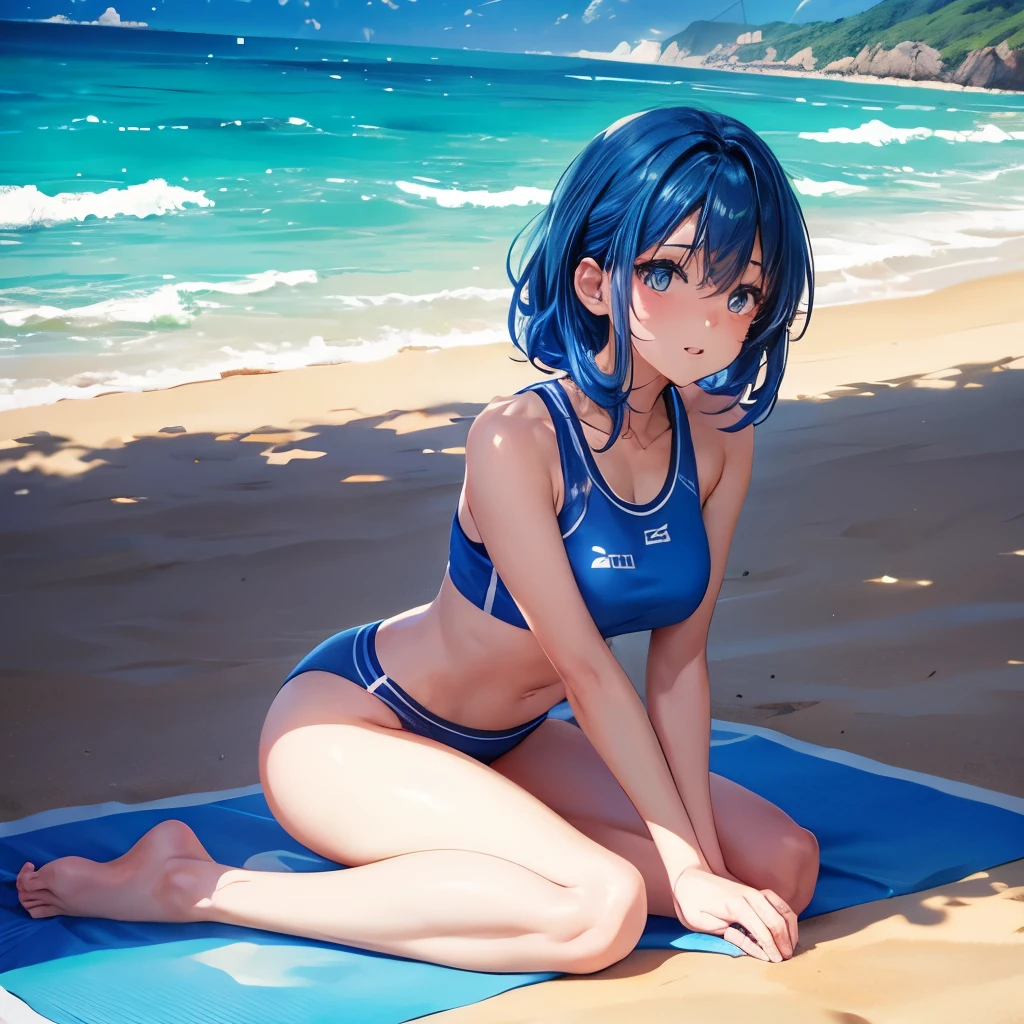 1girl, bluenette hair, light blue hair, gym clothes, yoga, beach 