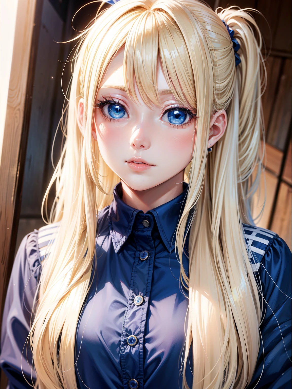 blond haired anime girl with blue eyes and a ponytail in a blue shirt, anime girl, cute natural anime face, long blonde hair and big eyes, stunning anime face portrait.