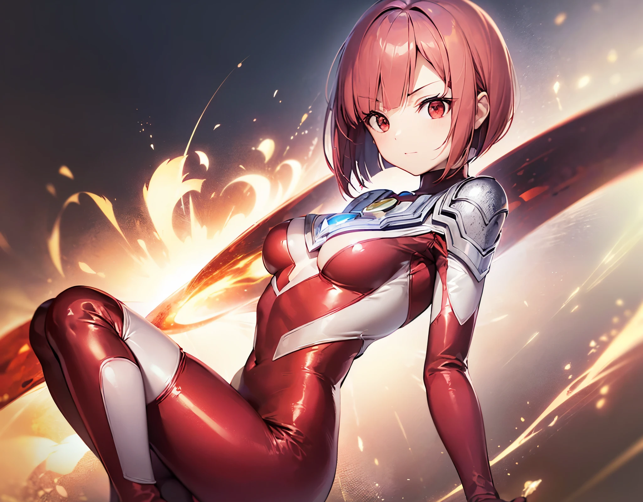 highest quality, ultra detail, High quality CG drawing, The most delicate and beautiful, Floating gently, High resolution, (1 girl), (Highest image quality,4K,8K,masterpiece:1.2),(all red hair:1.5),(short bob:1.5),(red eyes:1.5), (Ultra Girl :1.0), (silver and red ultraman bodysuit:1.4),slightly bigger breasts, (視聴者にbackを向ける:1.3),back,butt