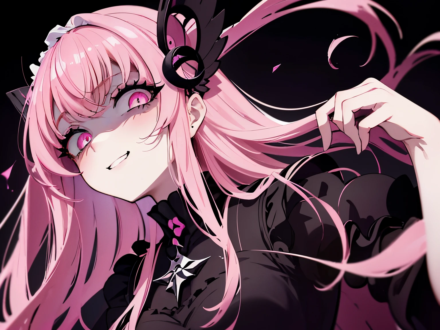 　high resolution　最high resolution　masterpiece　1 person　girl　posing　cute　smile　pink hair　Gothic ****ta　long hair　black dress　young　gray eyes　Angle looking up from below　pink and black image colors　wide angle　darkness　dark　Big sickle　dark　evil　black background　Blood