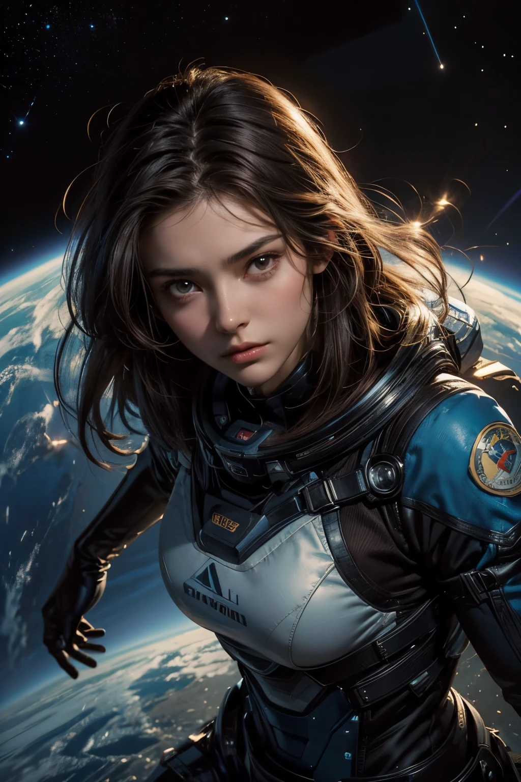 A beautiful woman. Twenty years old. Dark brown hair. She has a tense expression on her face.A simple space suit. No visor. An image of a multidimensional universe in her background.
