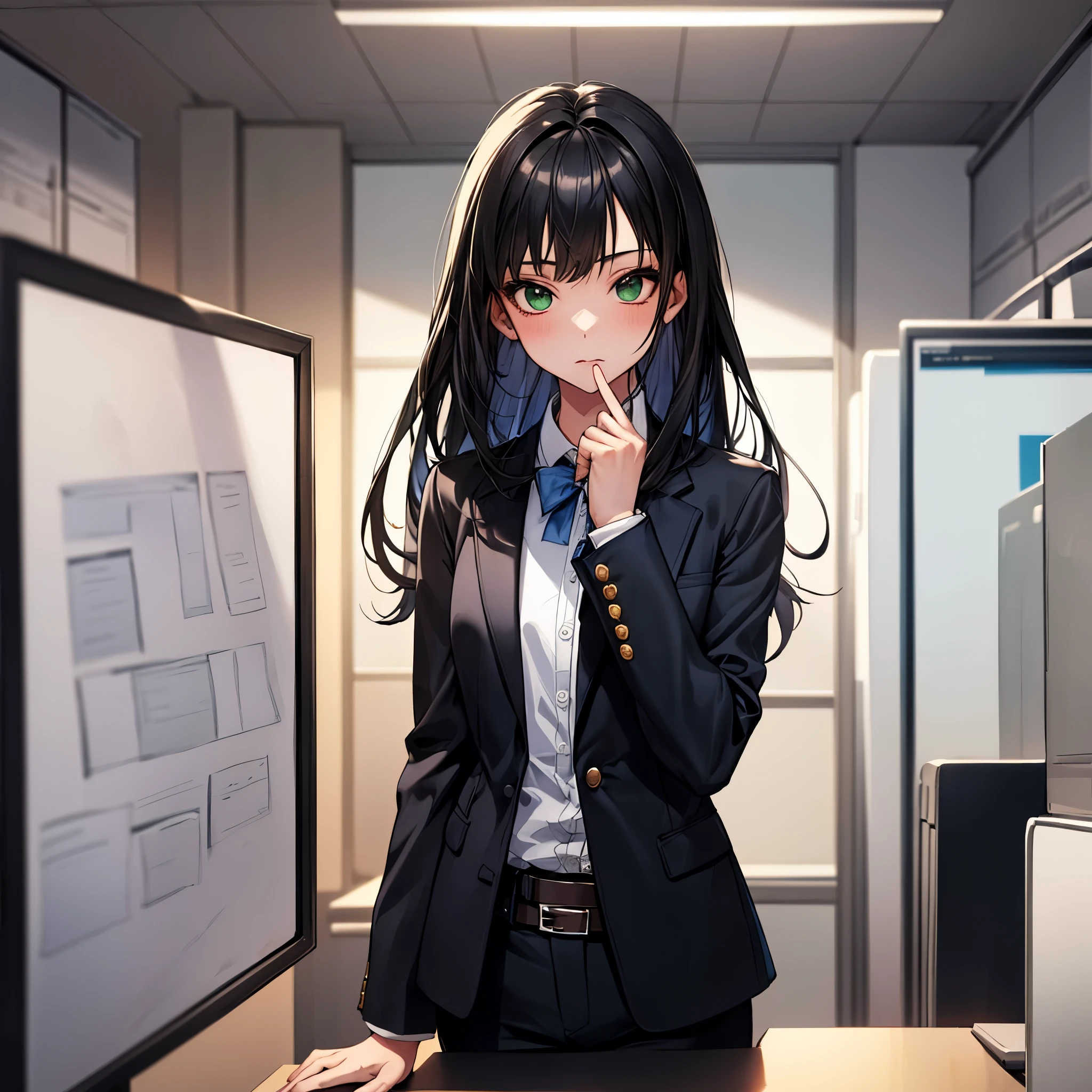 masterpiece, highest quality, 1 girl, green eyes、long black hair, blue blazer, Formal shirts, belt, inside the office