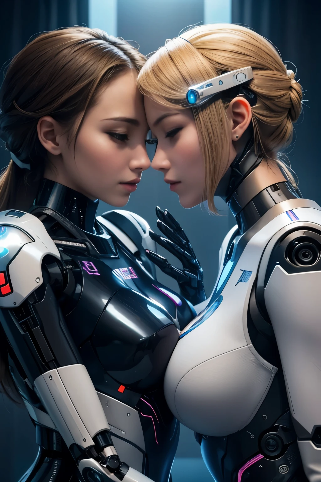 a beautiful human woman and a beautiful female robot, face to face, they caress each other