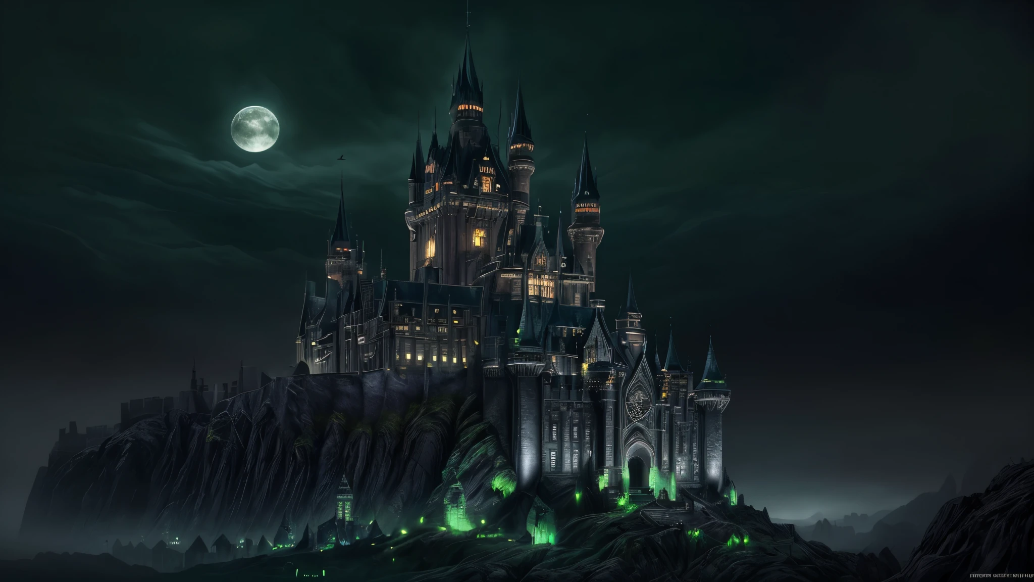 (A large castle from the dark ages, gothic style),Dark night, Growing Moon, dark theme, corvos, Dark Souls City Castle,break,detailed,Realistic, (Castle lights are green.., with several green torches around the castle) Highly detailed 4k digital art,Octane render,Bioluminescent,BREAK Concept Art in 8K resolution,Realism,by Mappa Studio,main part,Best quality,Official art,Illustration,Clear line,(Dark_core),perfect composition,incongruous,fantasy,Focused,third party rule.