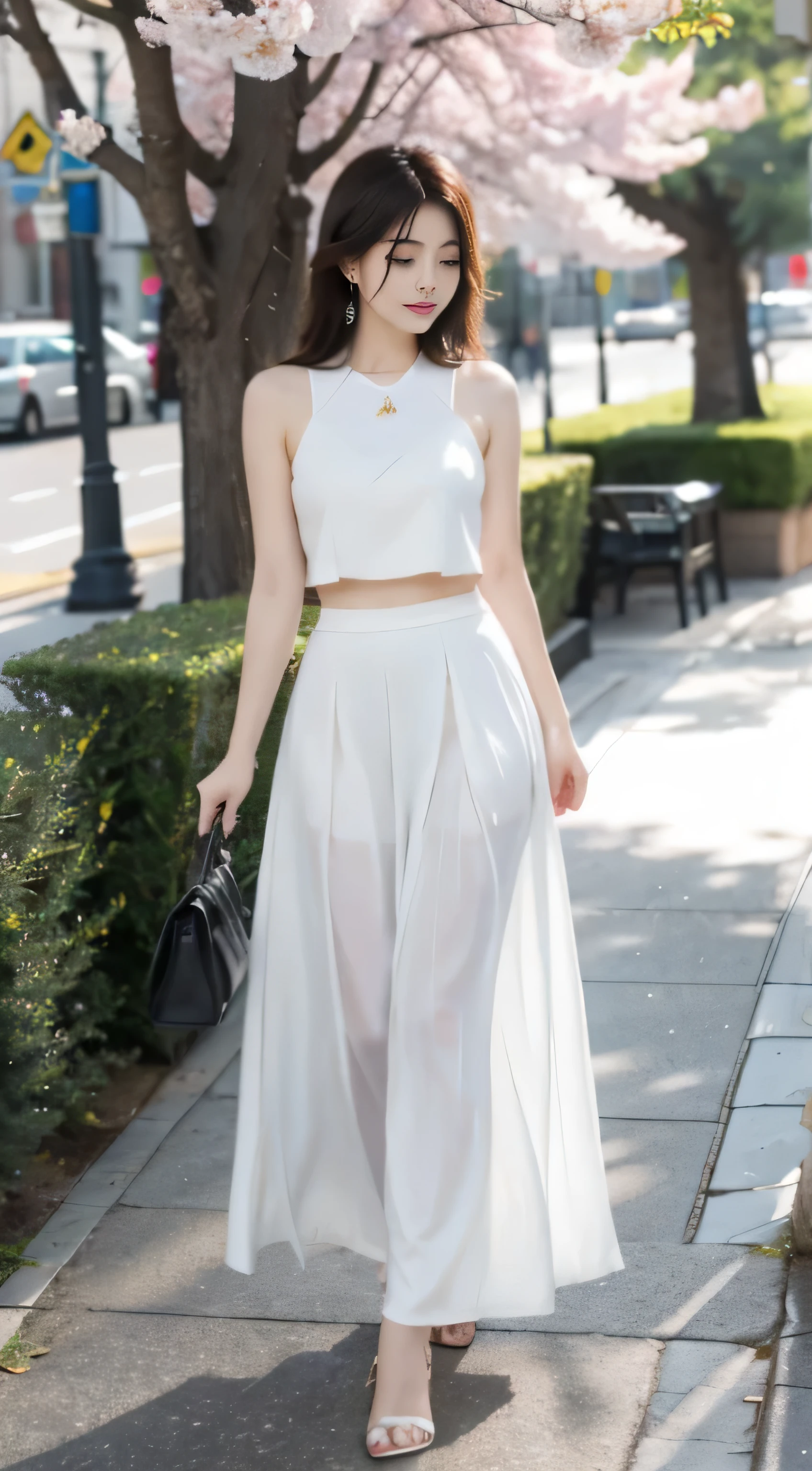 White long skirt,Romantic,asian women,soft,8k,Extremely high quality RAW photos,original photo, actual, masterpiece, extremely delicate and beautiful, Very detailed,outdoor,Cherry blossoms