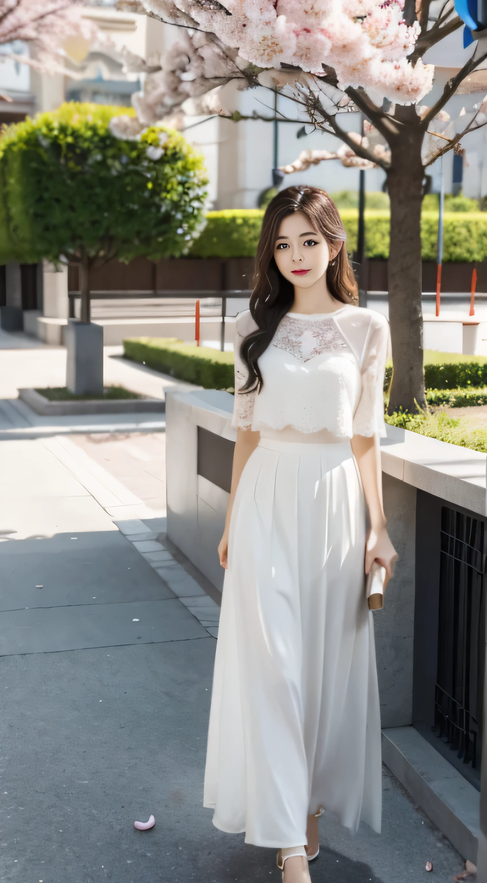 White long skirt，Romantic，asian women，soft，8k，Extremely high quality RAW photos,original photo, actual, masterpiece, extremely delicate and beautiful, Very detailed,outdoor，Cherry blossoms