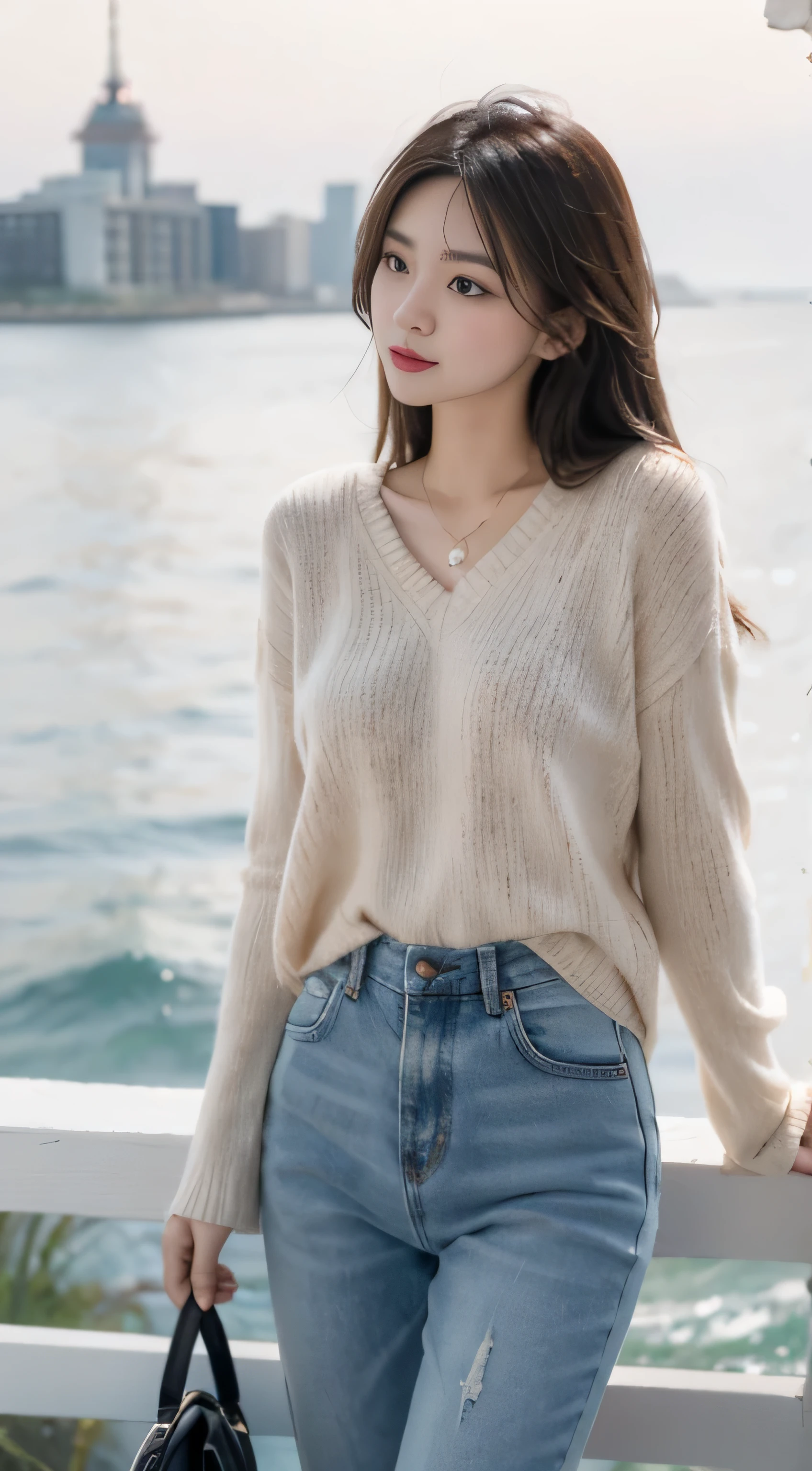 Denim with pink sweater,Romantic,asian women,soft,8k,Extremely high quality RAW photos,original photo, actual, masterpiece, extremely delicate and beautiful, Very detailed,outdoor,winter,seaside