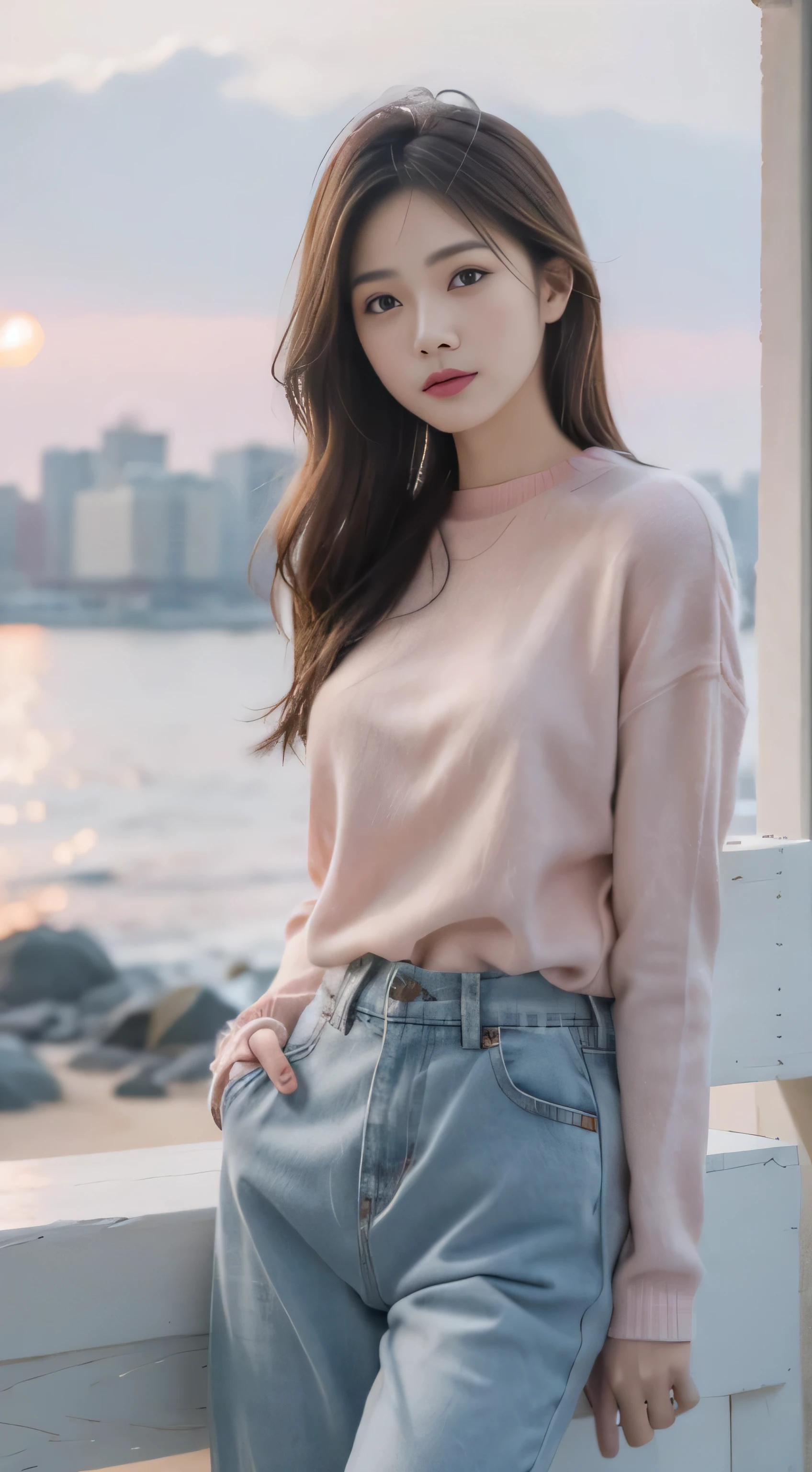 Denim with pink sweater,Romantic,asian women,soft,8k,Extremely high quality RAW photos,original photo, actual, masterpiece, extremely delicate and beautiful, Very detailed,outdoor,winter,seaside