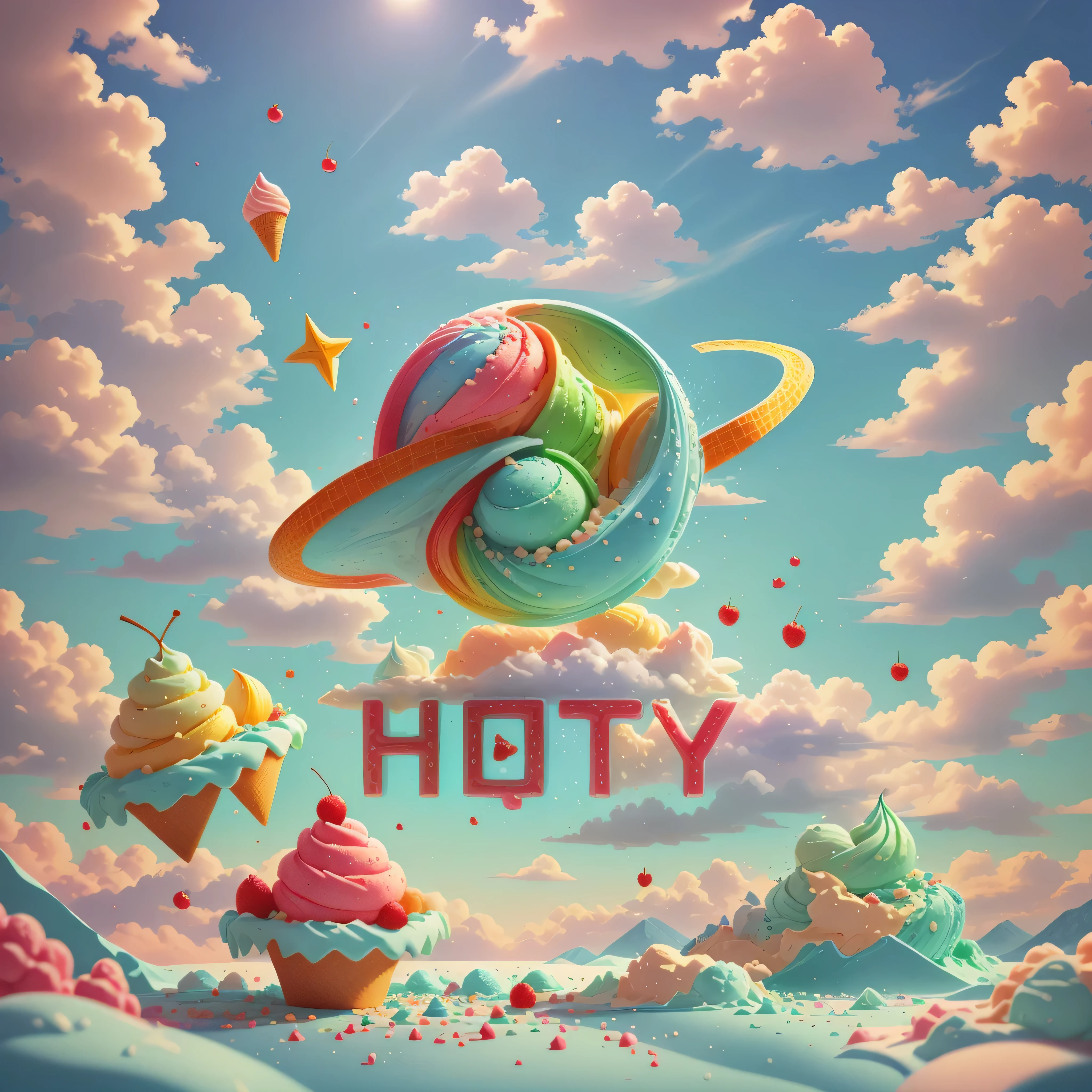Gogo,ice cream,those fruits,ice cubes,splash,Blue sky and white clouds