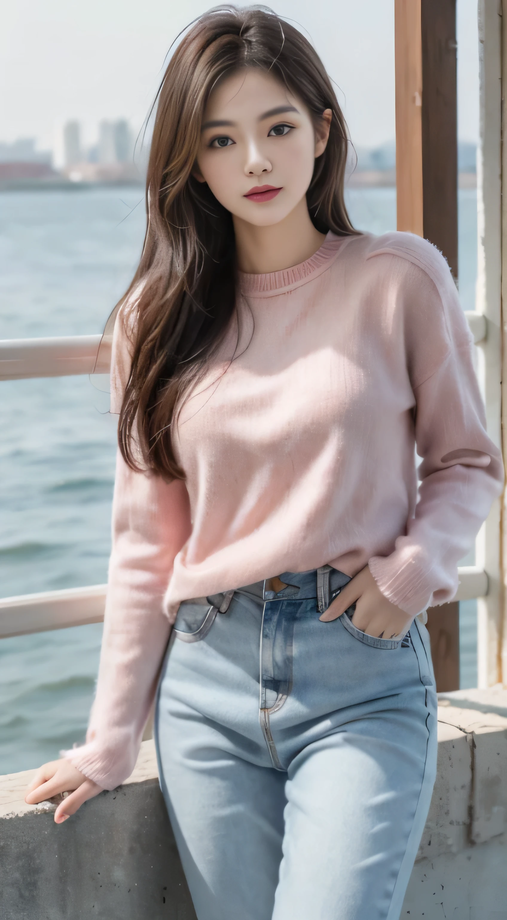 Denim with pink sweater，Romantic，asian women，soft，8k，Extremely high quality RAW photos,original photo, actual, masterpiece, extremely delicate and beautiful, Very detailed,outdoor，winter，seaside