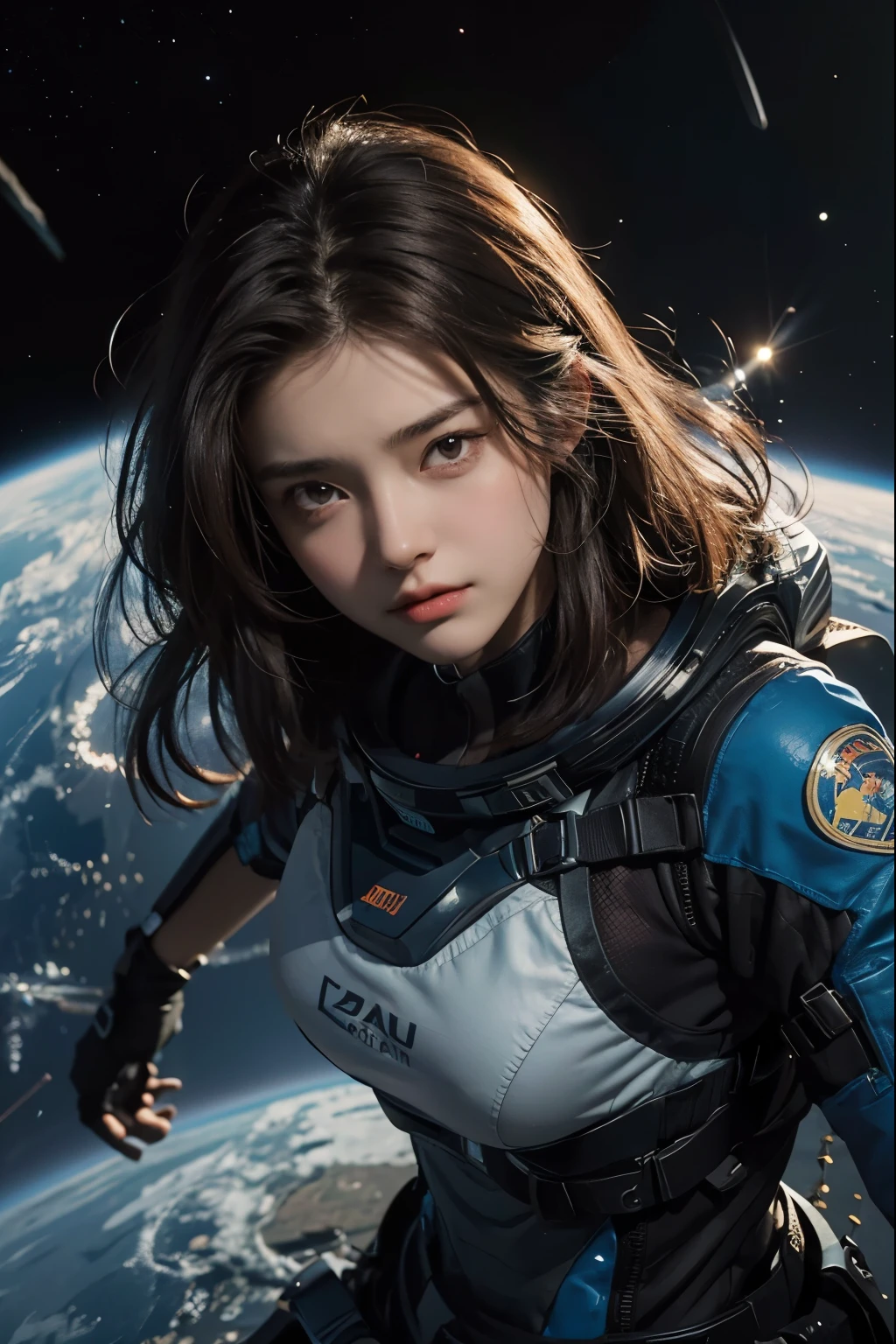 A beautiful woman. Twenty years old. Dark brown hair. She has a tense expression on her face.A simple space suit. No visor. An image of a multidimensional universe in her background.