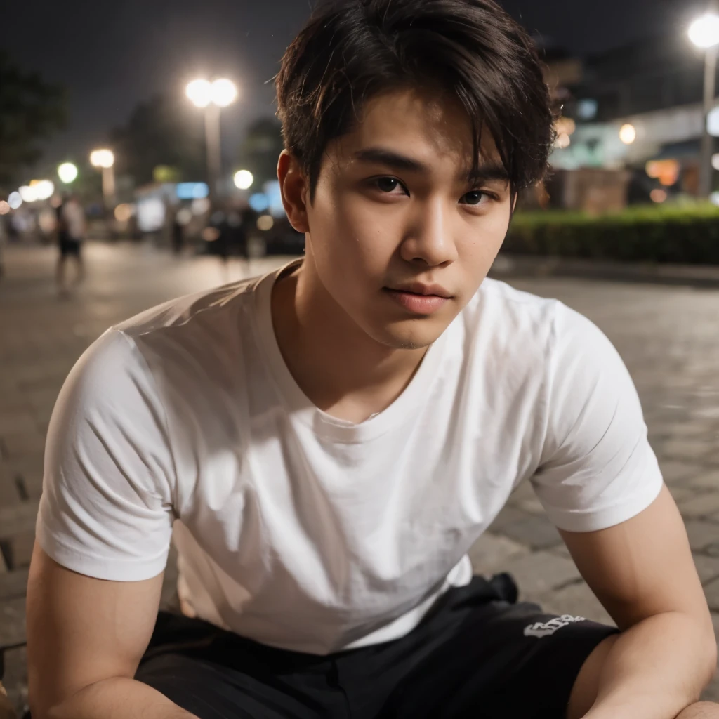 Handsome Indonesian man, 20 years old, rather plump, with Korean cut hair, wearing a plain white t-shirt, black shorts, casual but cool style, high angle HD drop shadow image, night background in Probolinggo Square, East Java