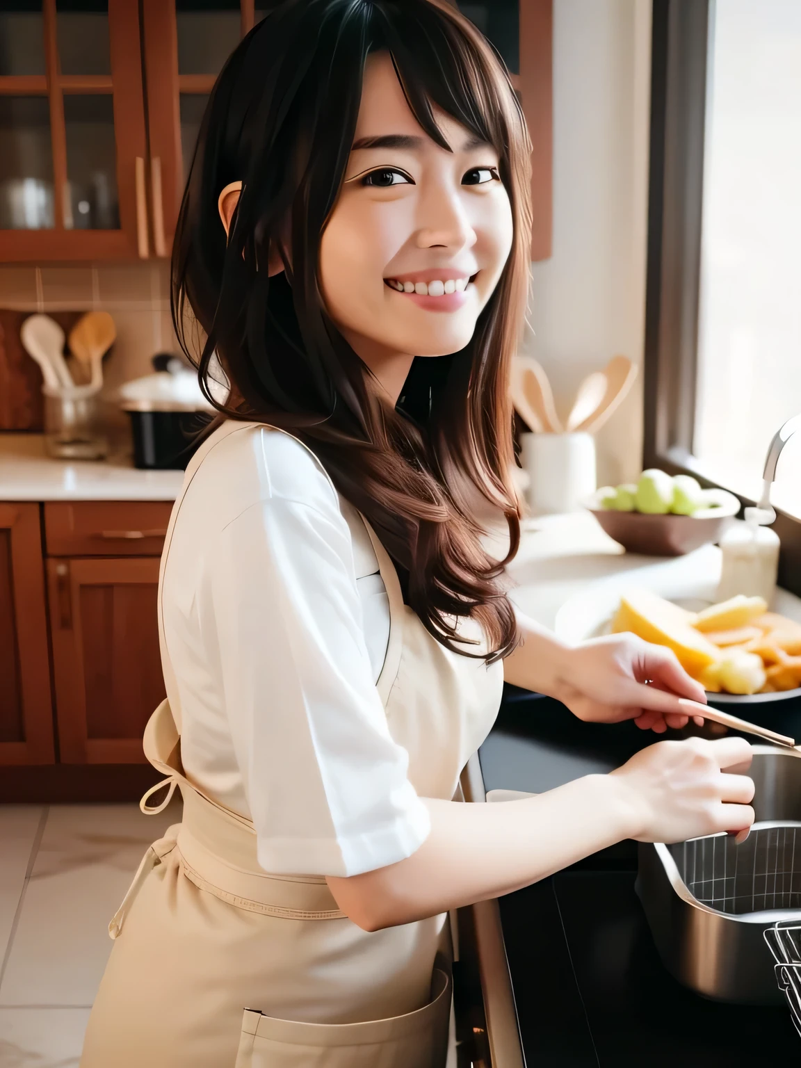 highest quality,very detailed,masterpiece,Super detailed,shape,ultra high resolution, (realistic:1.4,8K),kitchen,1 girl,cute,(apron, ),Day,grin and laugh, face,black hair,clear face,