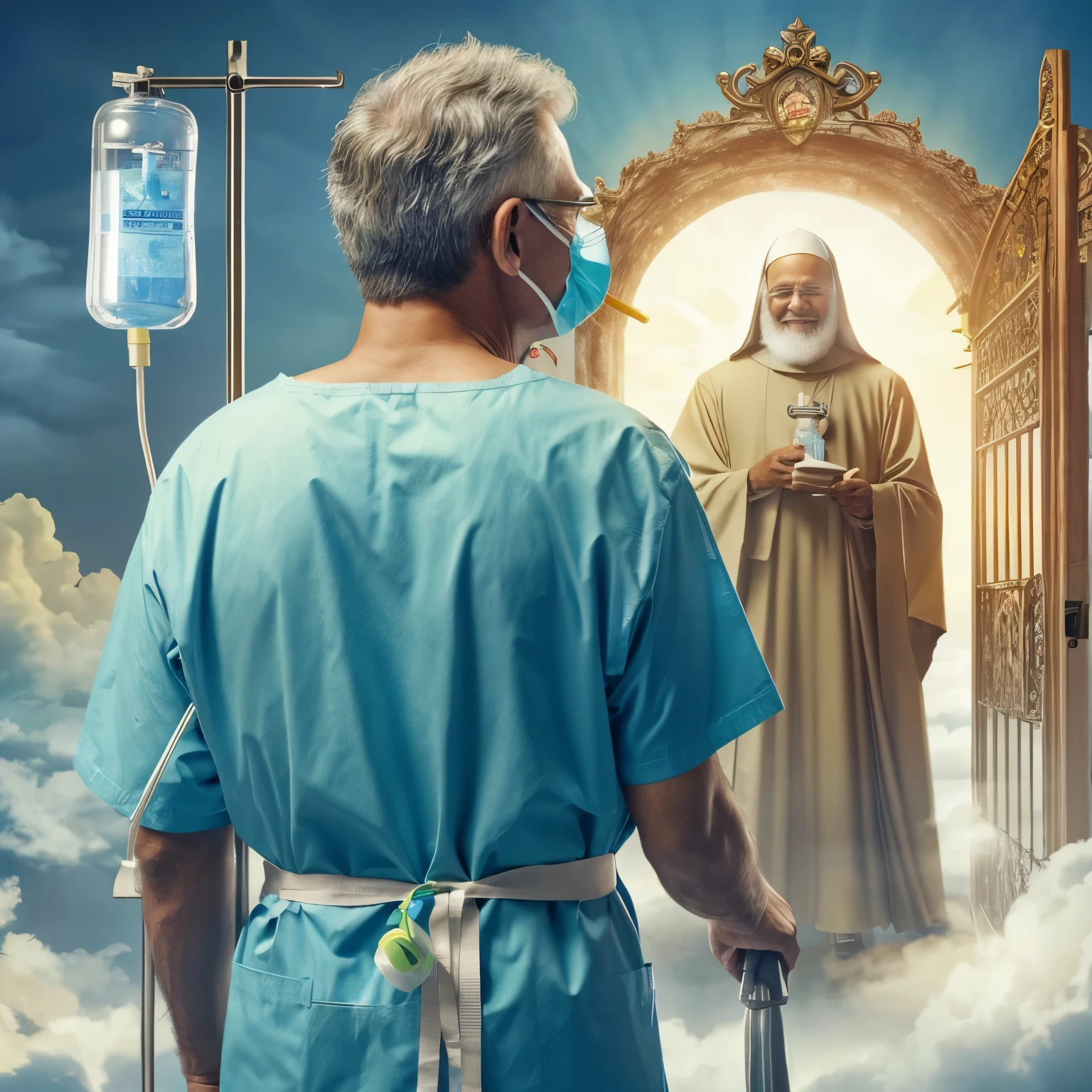 old man, wearing oxygen mask, yellow infusion bottle, blue operating room shirt, in front of heaven's door, smiling saint welcoming him, heavenly scene with clouds and light