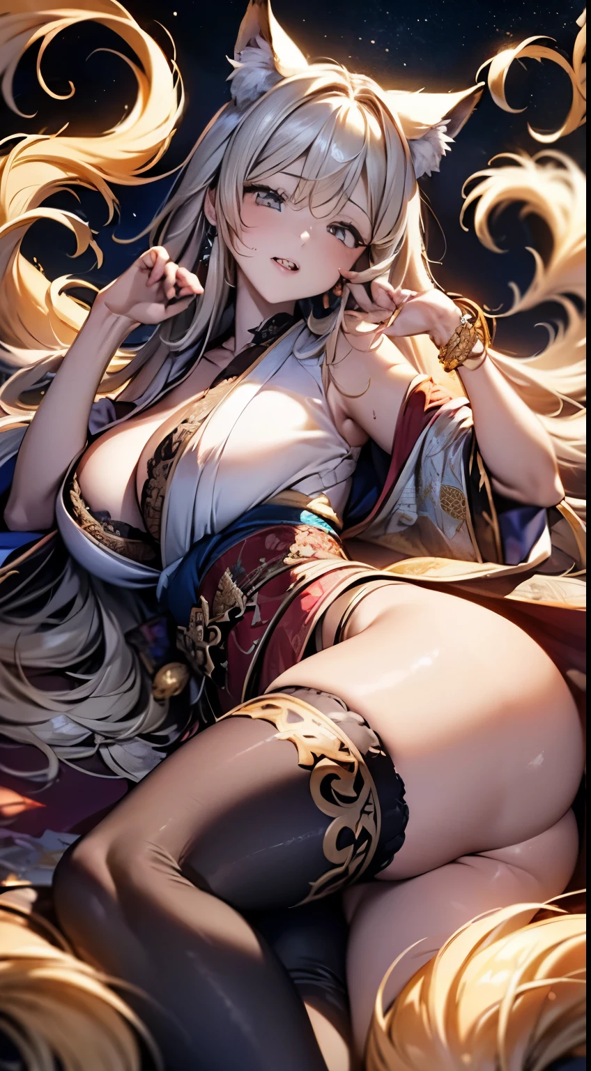 (masterpiece、highest quality、highest quality、official art、beautiful beautiful:1.2)、(1 female)、very detailed、(fractal art:1.3)、colorful、best details, (Nine-Tailed Fox), 9 White, black fox ears, Devil's Cat's Eye, A fox inspired by Japanese divinity, Transparent costumes of fantastic sky warriors, elaborately decorated with gold, Fantasy Japan Background, soft smile, super sexy, big breasts, anatomically, Is your wrist small or large?, Defined hip, soft expression, laughter, long silver hair, Wave, facing the front, Hair is spreading